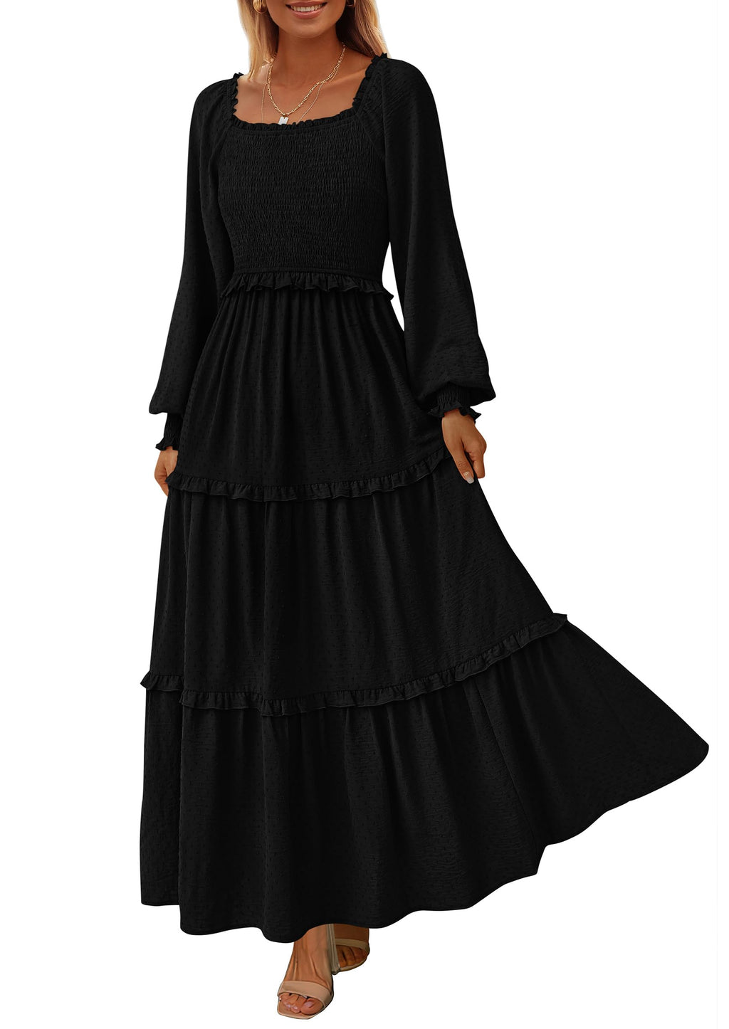 PRETTYGARDEN Fall Dresses for Women Long Sleeve Smocked Square Neck Swiss Dot Tiered Flowy Wedding Guest Maxi Dress