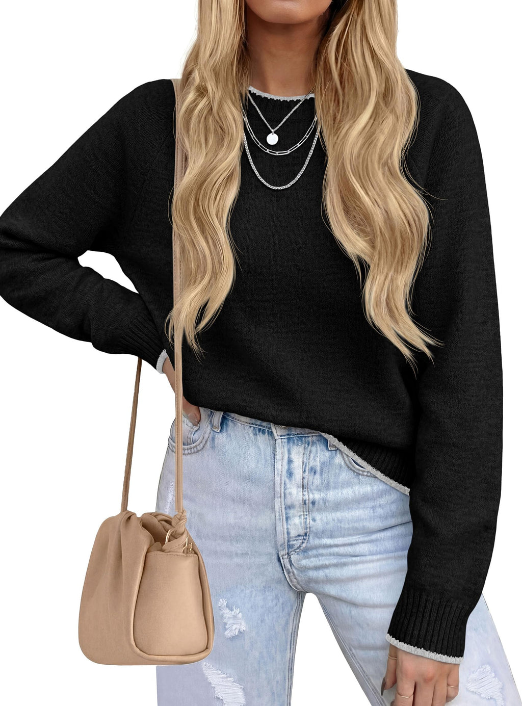 PRETTYGARDEN Womens Crewneck Fall Sweaters Pullover Tops Soft Stretchy Knit,Raglan Long Sleeve,Ribbed Cuffs,Color Block,Casual Daily Outfits,Office Work Clothes,Winter Layering Wear