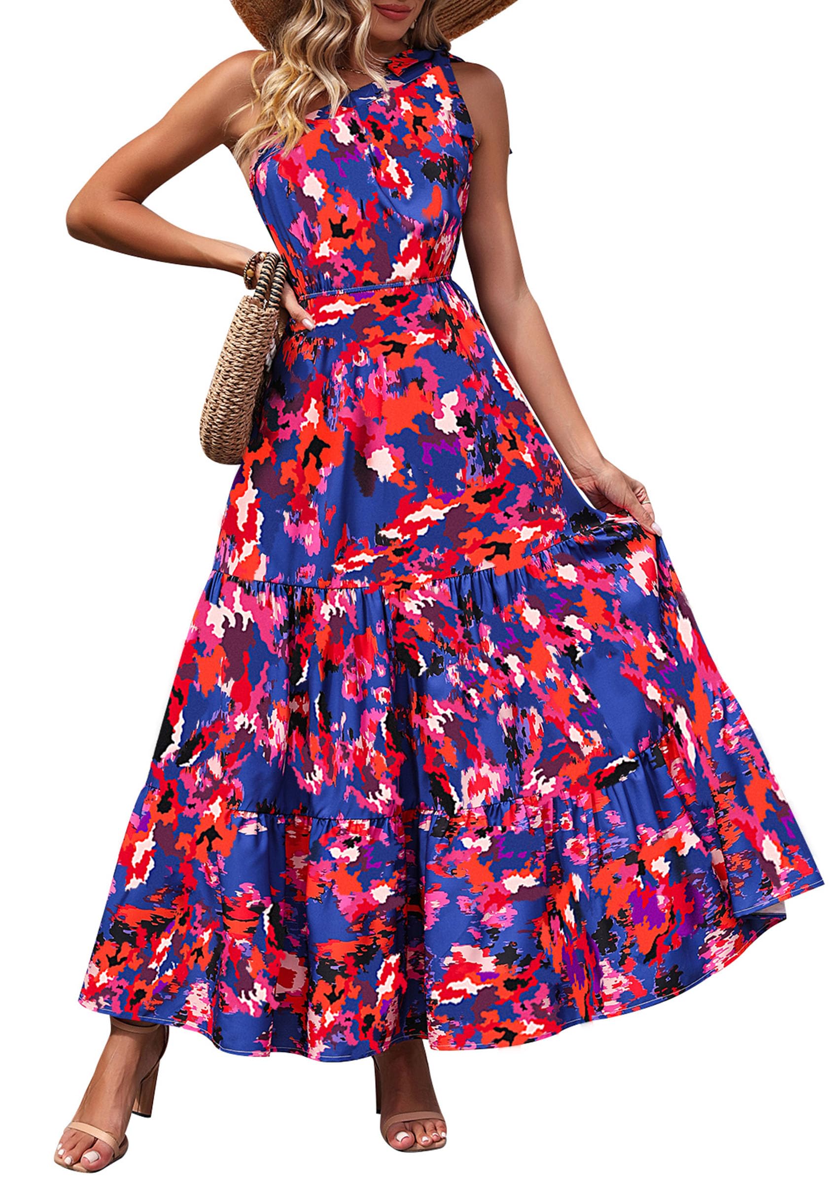 PRETTYGARDEN Women's Summer Floral One Shoulder Maxi Dress Knot Ruffle Boho Beach Vacation Wedding Guest Long Sun Dresses