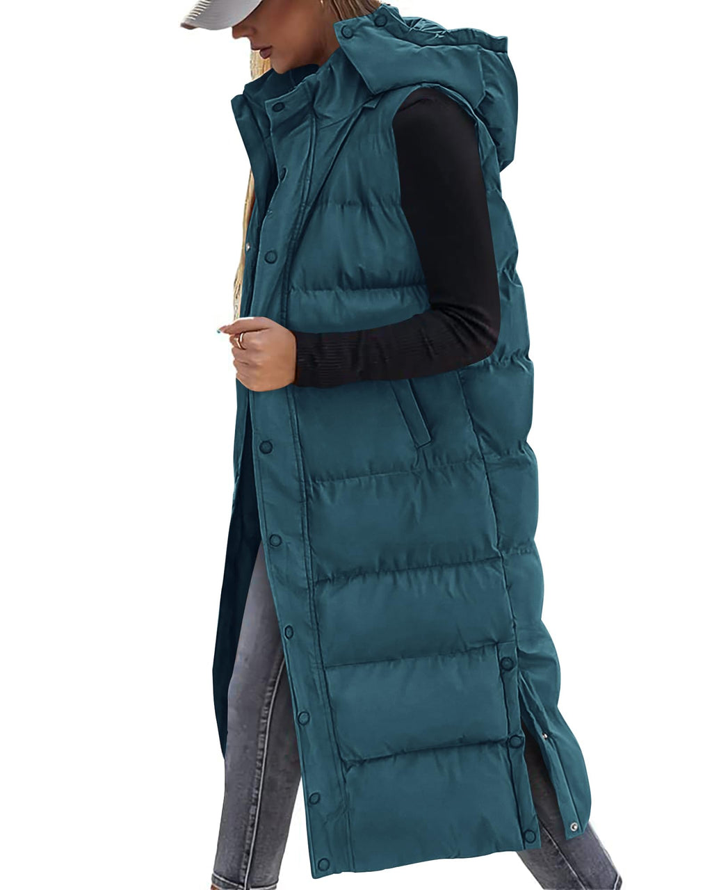 FreshPretty Long Puffer Vest Women Quilted Hooded Button Down Zip Up Sleeveless Vests Outerwear Padded Jacket Fall Winter Coat