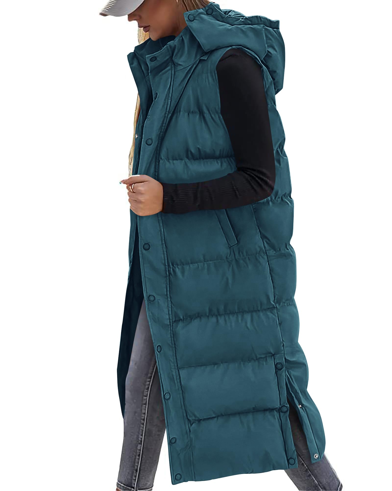FreshPretty Long Puffer Vest Women Quilted Hooded Button Down Zip Up Sleeveless Vests Outerwear Padded Jacket Fall Winter Coat