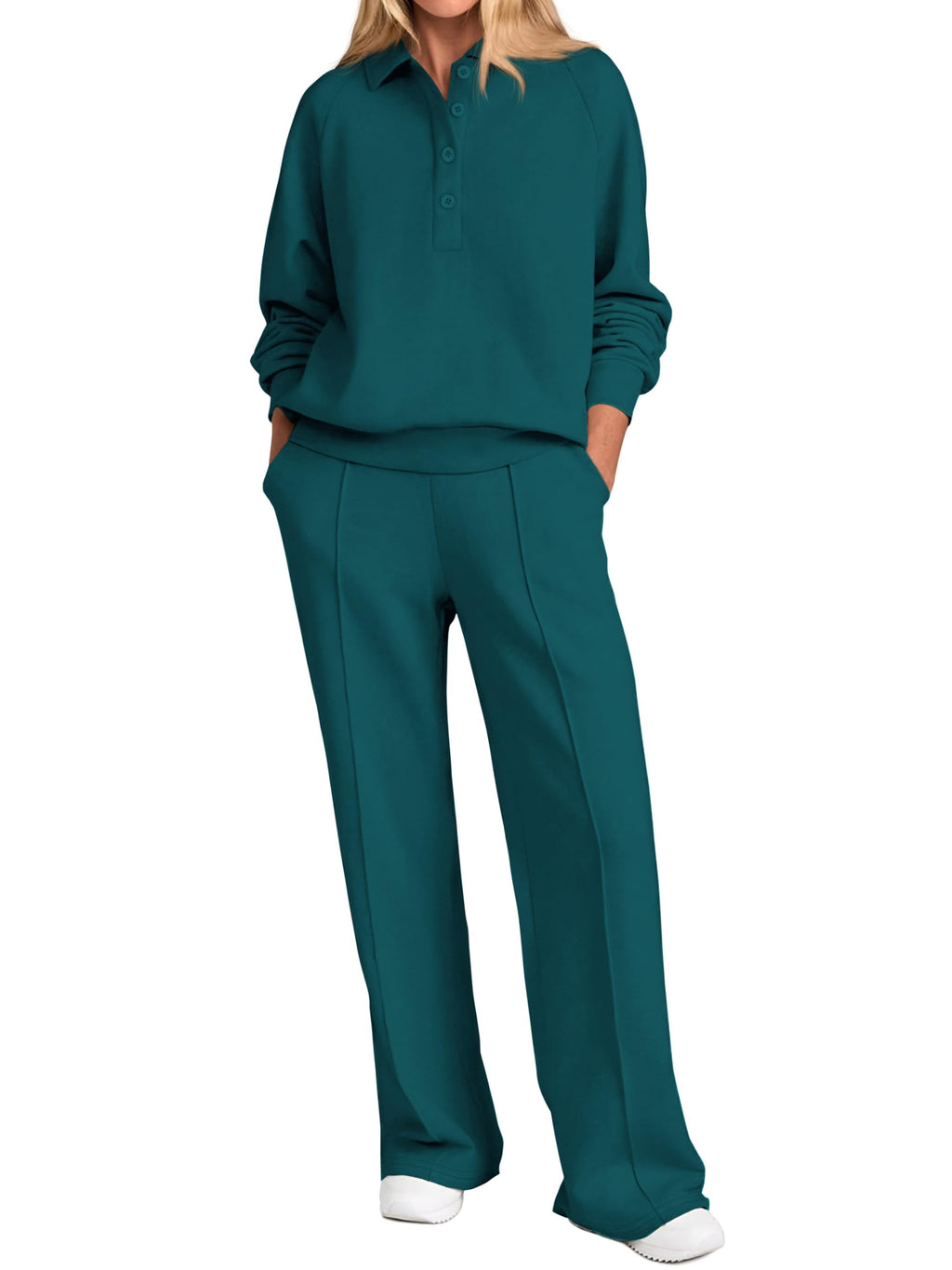 PRETTYGARDEN Women Fall 2 Piece Outfits Sweatsuits Lounge Sets Quarter Button Long Sleeve Sweatshirt, Wide Leg Sweat Pants, Casual 2 Piece Sets Tracksuit, Airport Travel Outfits for Women