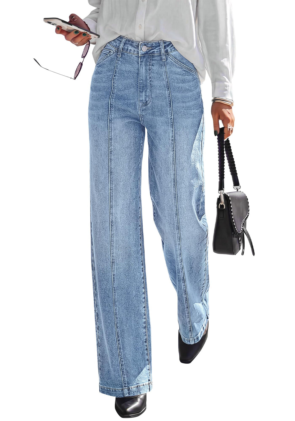 BTFBM Front Seam Stretchy Wide Straight Leg Jeans for Women Trendy Boyfriend Baggy Denim Jeans, High Waisted Palazzo Pants, 5-Pocket, Relaxed Fit, Full Length, Casual Bottoms, Fall Outfits