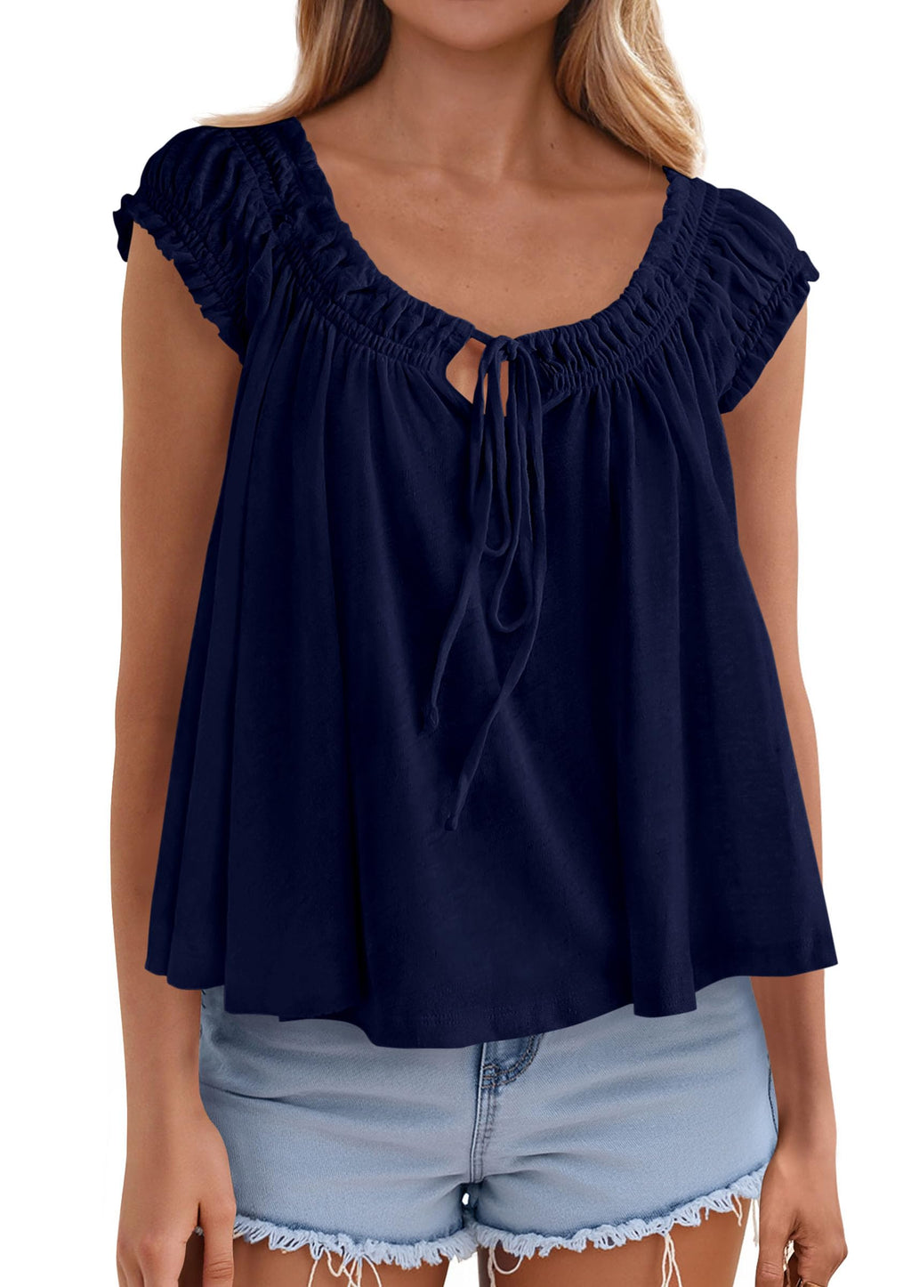 PRETTYGARDEN Women Babydoll Tops Summer Clothes Cap Sleeve Tie Front Flowy Tank Top Peplum Blouses Cute Going Out Shirts