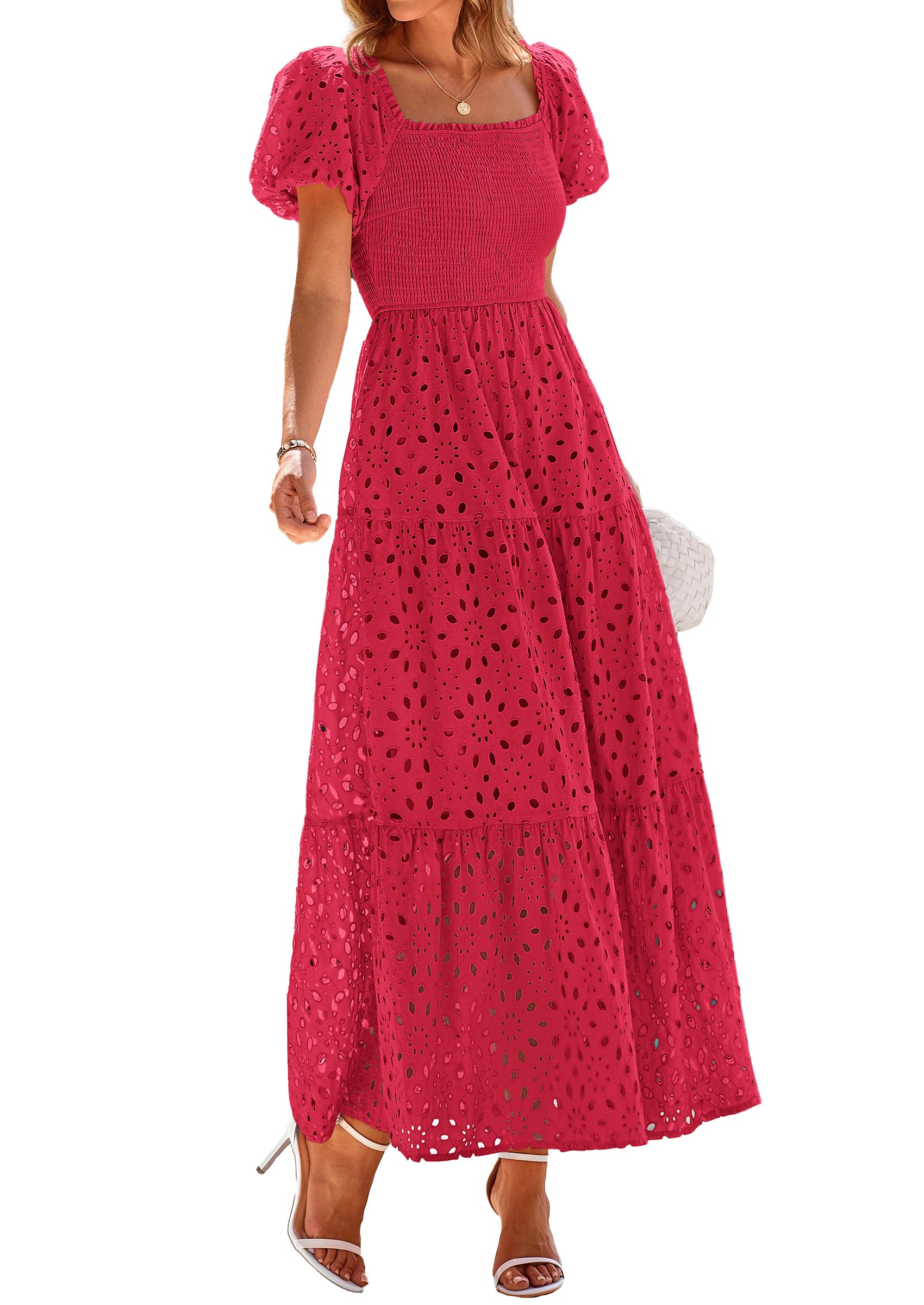 PRETTYGARDEN Summer Dresses for Women Eyelet Square Neck Puff Sleeve Smocked Wedding Guest Maxi Dress with Pockets