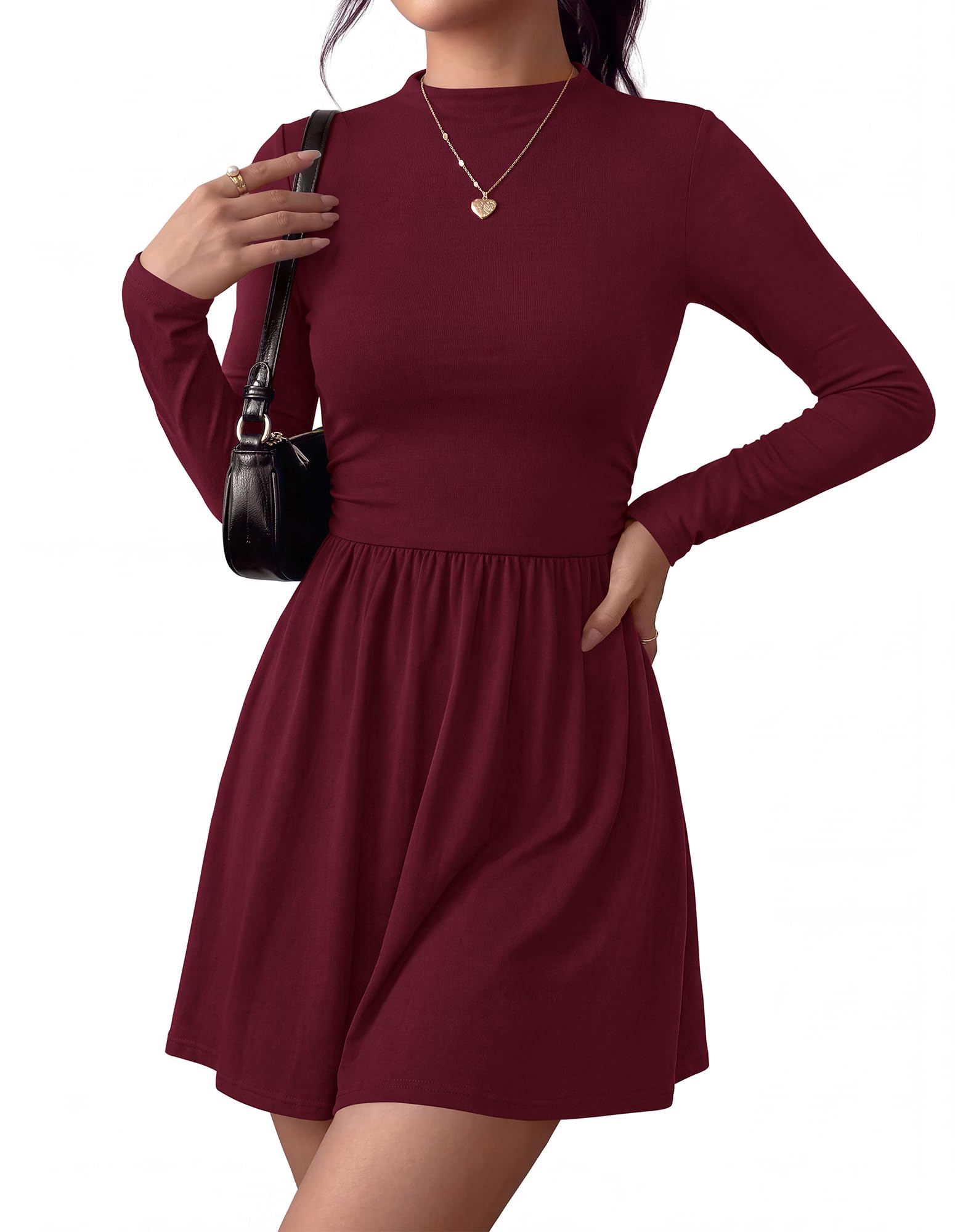 BTFBM Long Sleeve Dresses for Women Mock Neck A Line Flowy Mini Dress Swing Pleated Hem,Cocktail Party Club Holiday Going Out Outfits,Dressy Casual Winter,Trendy Early Fall Fashion Clothing