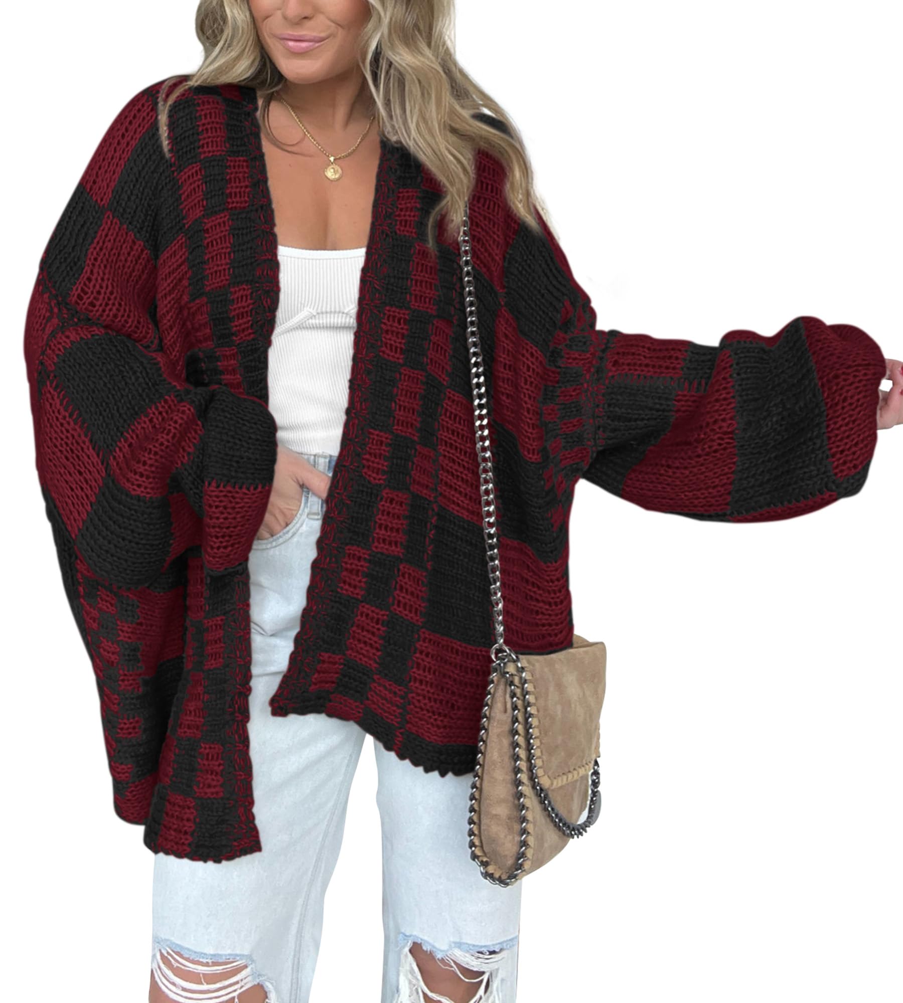 FreshPretty Casual Cardigan Sweater for Women Fall Long Sleeve Open Front Chunky Knit Sweaters Checkered Outwear Coat