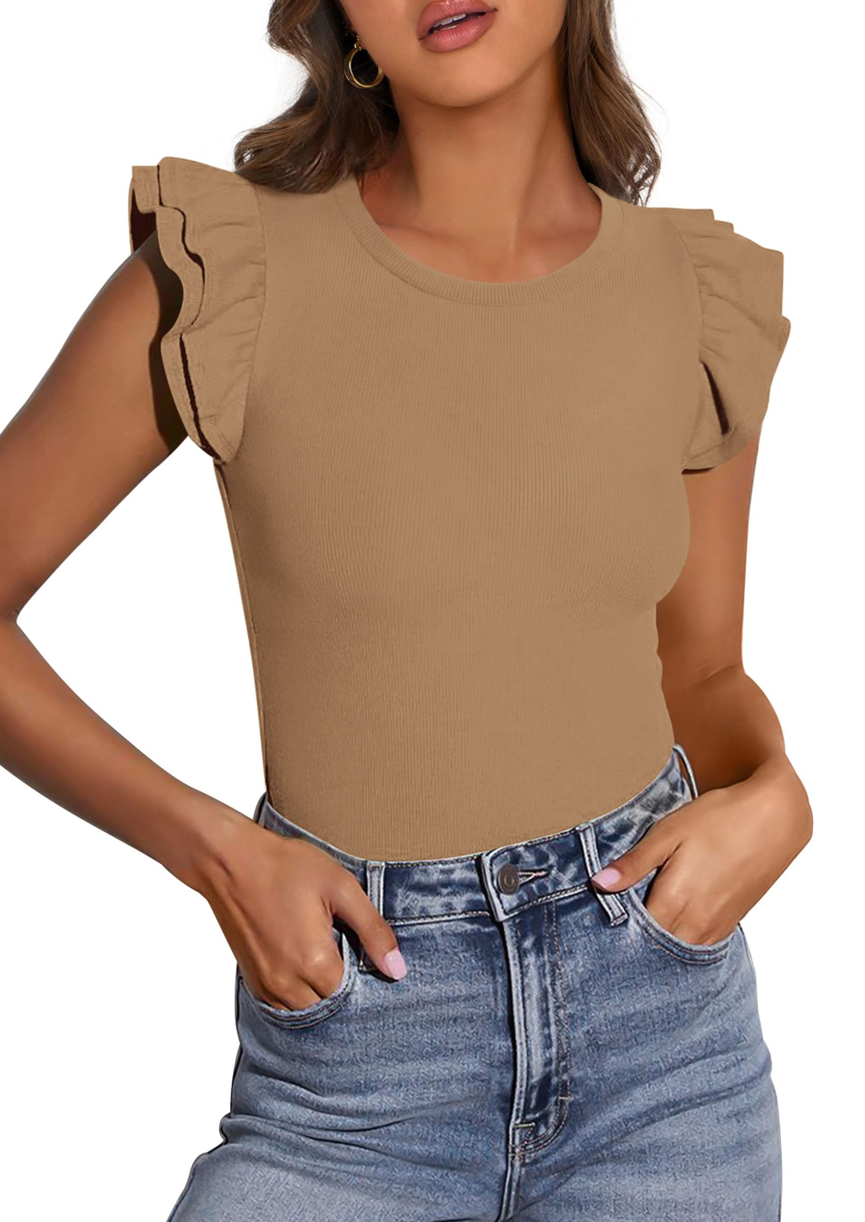 PRETTYGARDEN Womens Summer Crew Neck T Shirts Trendy Ruffle Sleeve Slim Fit Knit Going Out Tops Casual Spring Clothes