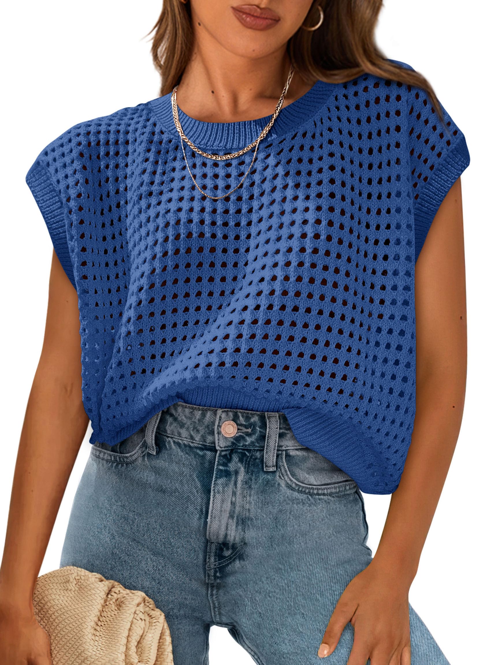 PRETTYGARDEN Womens Spring Tops Summer Shirts Crochet Cap Sleeve Sweater Pullover Cute Beach Vacation Clothes
