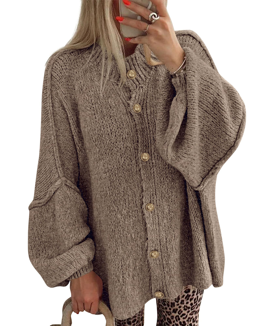 FreshPretty Cardigan Sweaters for Women Fall Clothes Lantern Long Sleeve Button Open Front Chunky Knit Oversized Sweater