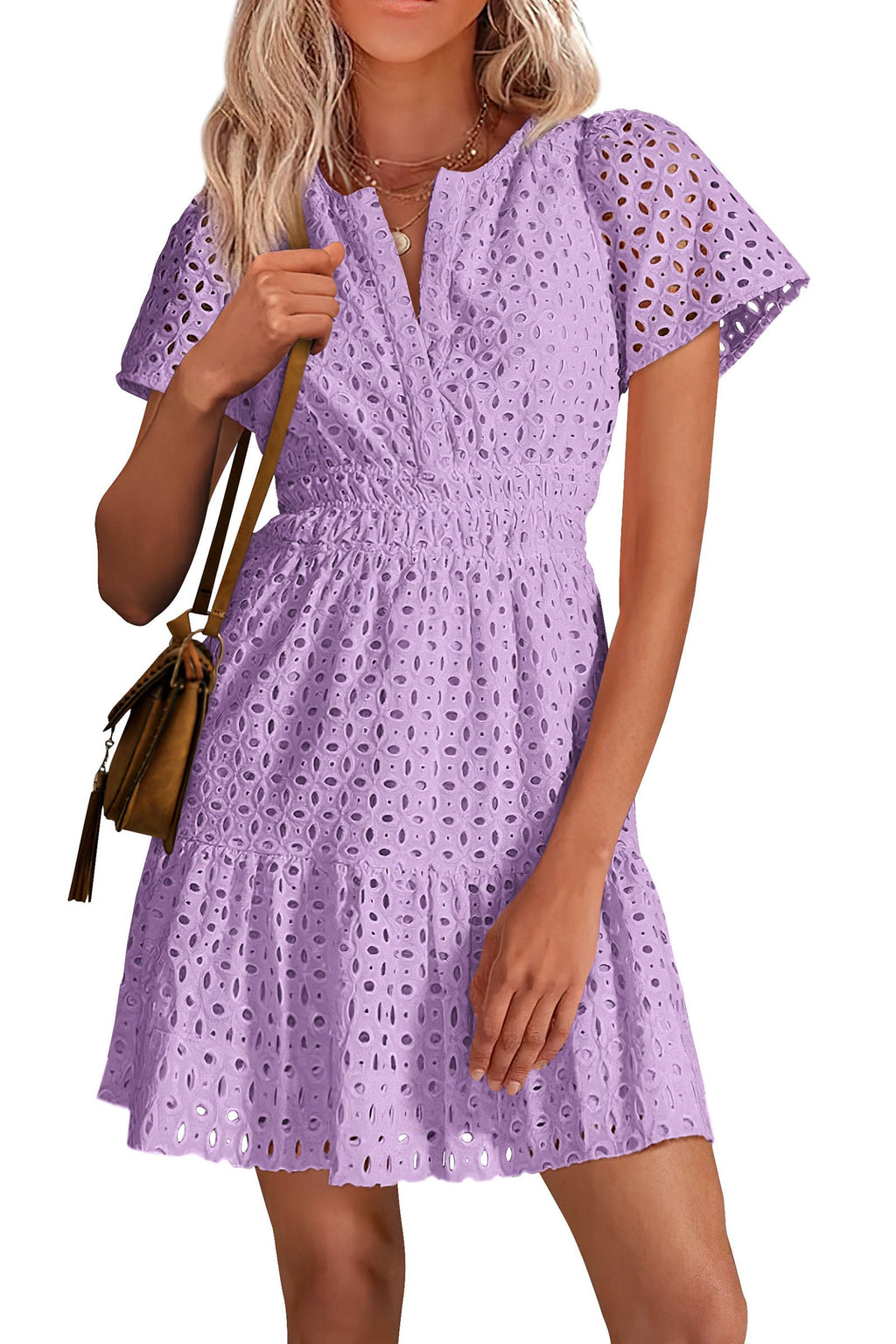 PRETTYGARDEN Womens Summer Short Dress V Neck Short Sleeve A Line Hollow Out Lace Ruffle Cute Casual Beach Party Dresses