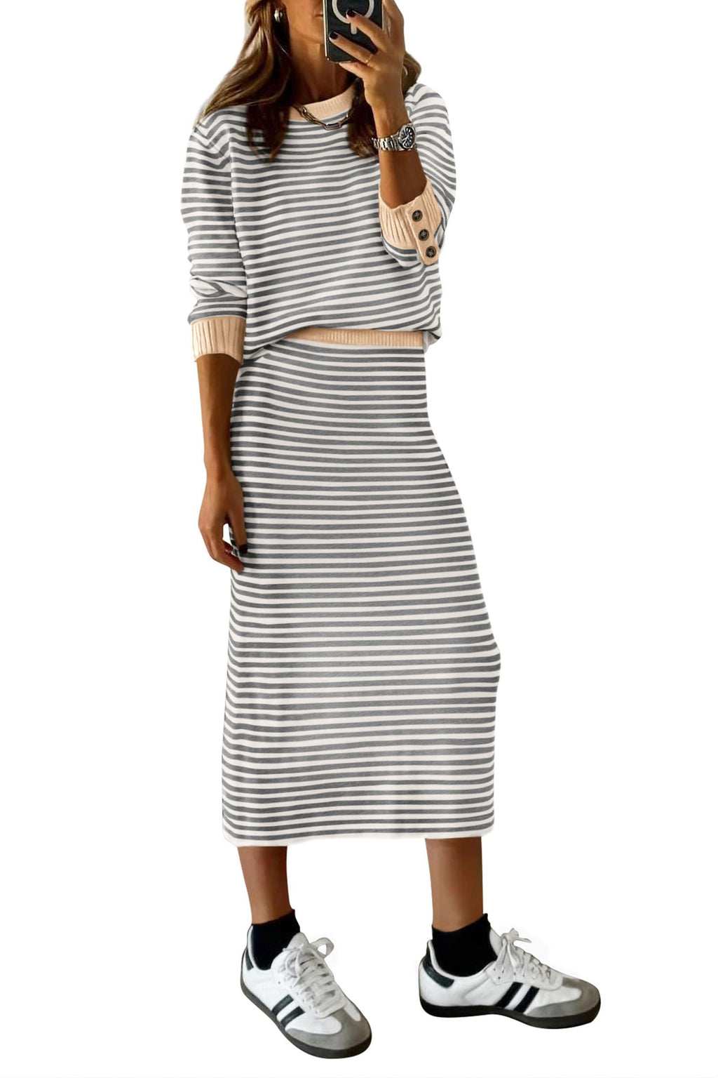 PRETTYGARDEN 2 Piece Skirts Sets For Women Fall Fashion Striped Sweater Dress Knit Lounge Travel Outfits Winter Clothing