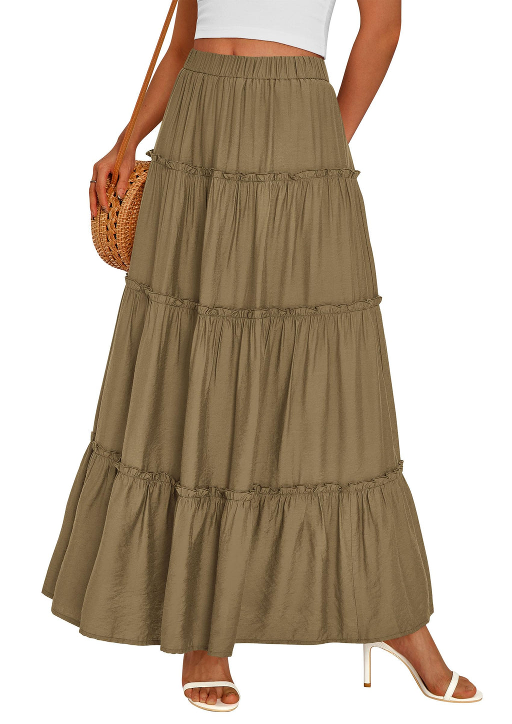 PRETTYGARDEN Women's Tiered Maxi Skirt Summer Spring Fashion High Waisted Long Flowy Casual Boho Beach Vacation Clothes