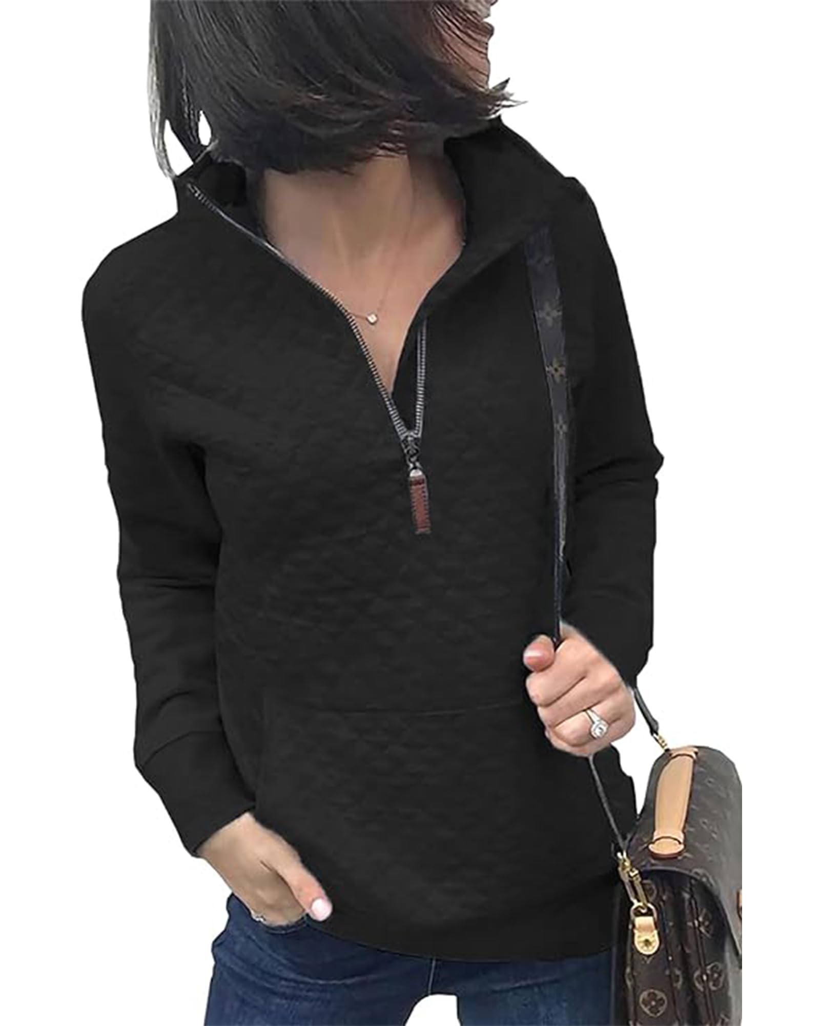 BTFBM Women Fashion Quilted Pattern Lightweight Zipper Long Sleeve Plain Casual Ladies Sweatshirts Pullovers Shirts Tops