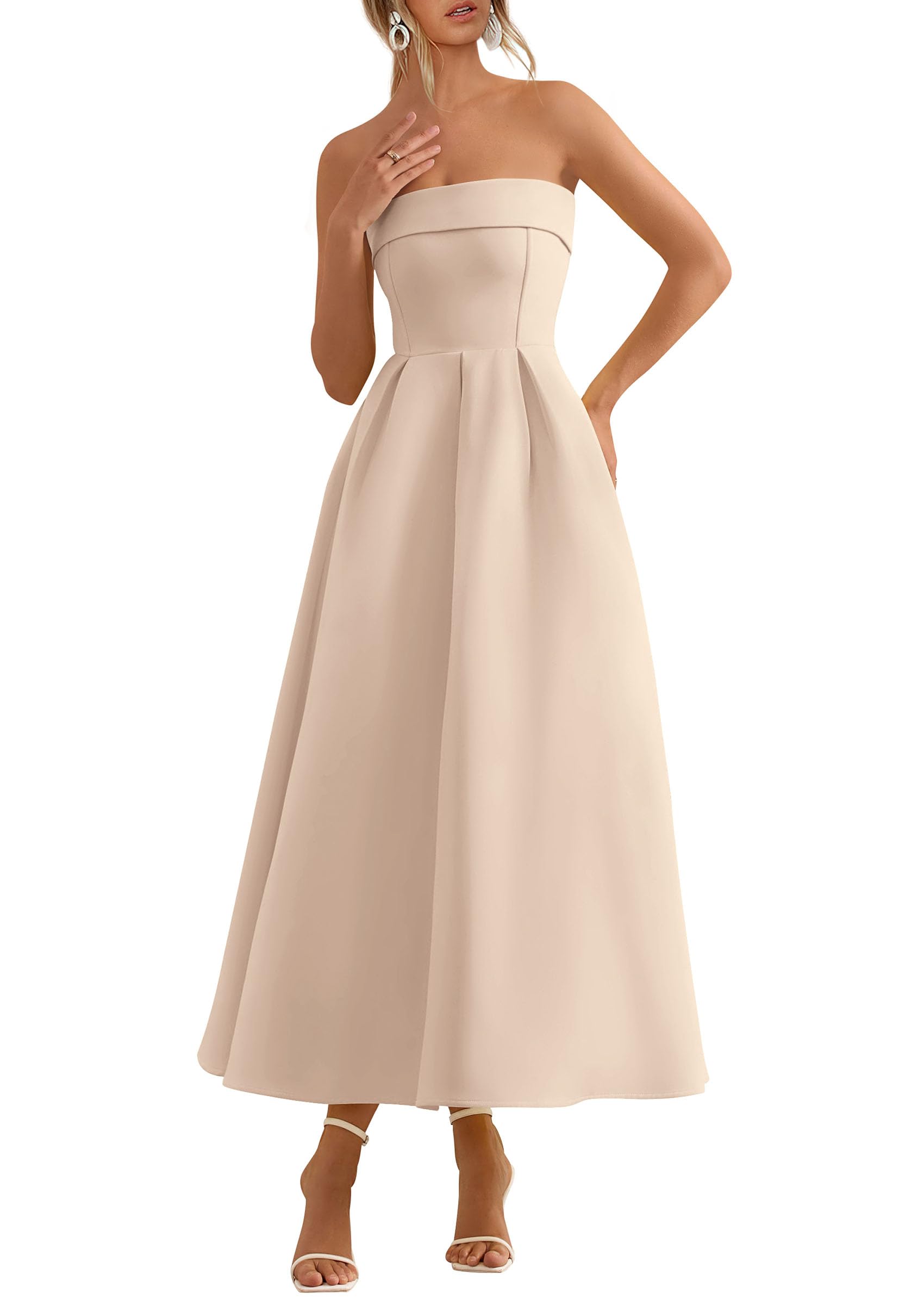 PRETTYGARDEN Cocktail Dresses for Women Summer Formal Elegant Tube Top Strapless Spring Wedding Guest Party Midi Dress