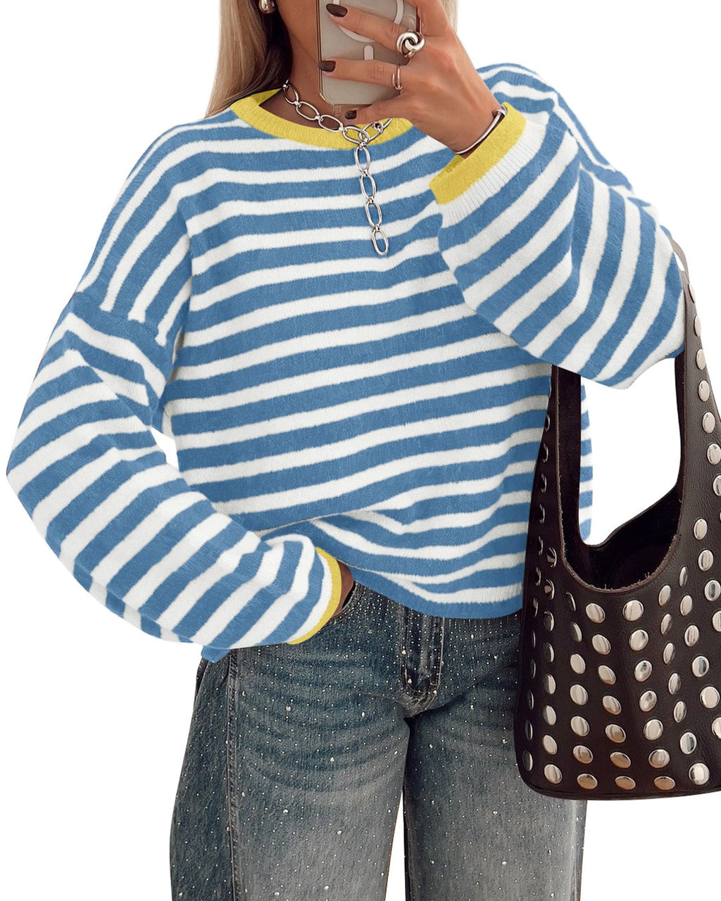 BTFBM Women's Lightweight Oversized Striped Sweater | Soft Knit Cozy Sweaters, Crew Neck Long Sleeve Pullover, y2k Color Block, Casual Holiday Outfits, Winter Fall Clothes