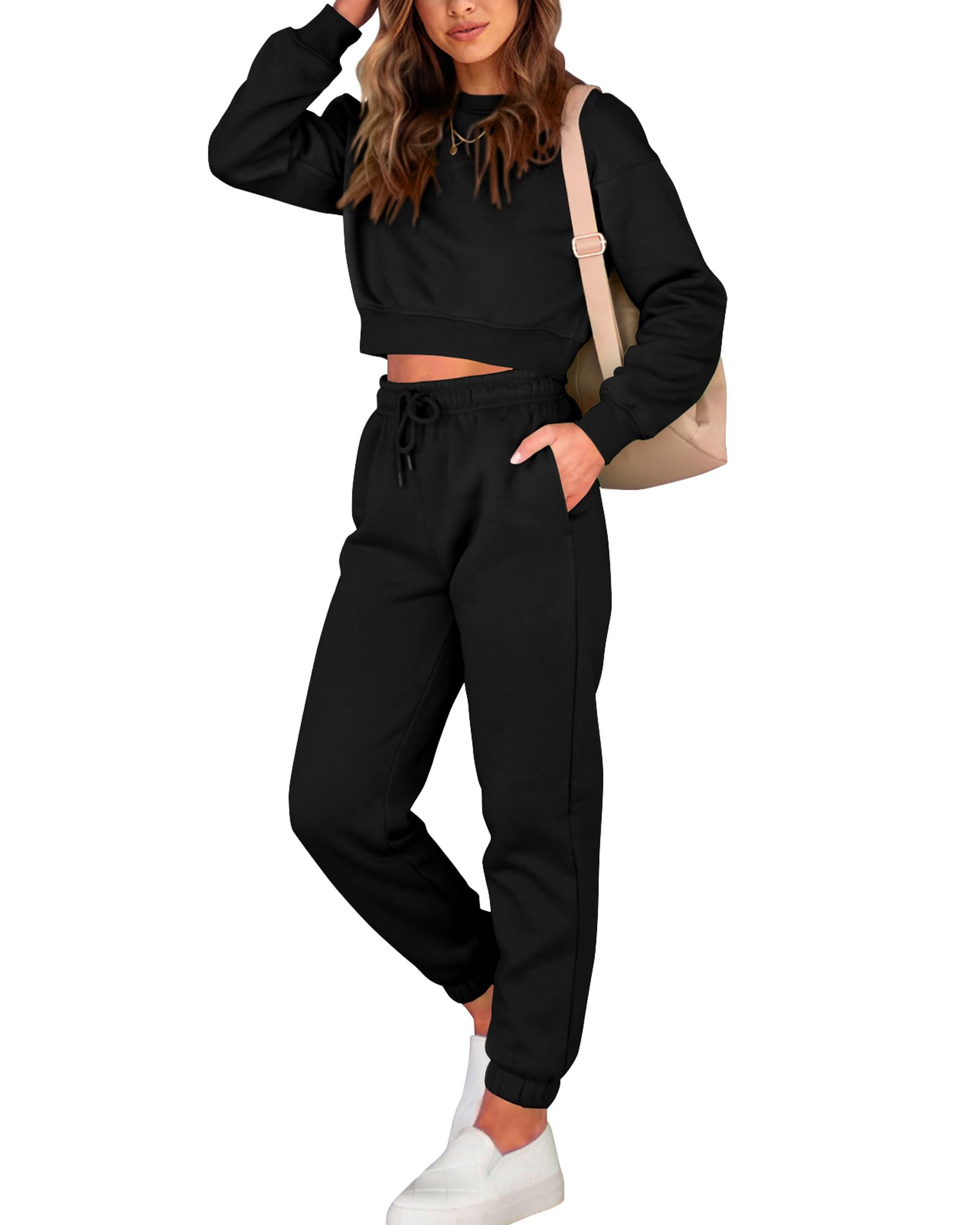 BTFBM Women 2 Piece Outfits Long Sleeve Crop Top Pullover Drawstring Pant Jogger Set Casual Sweatsuits Tracksuit Pockets