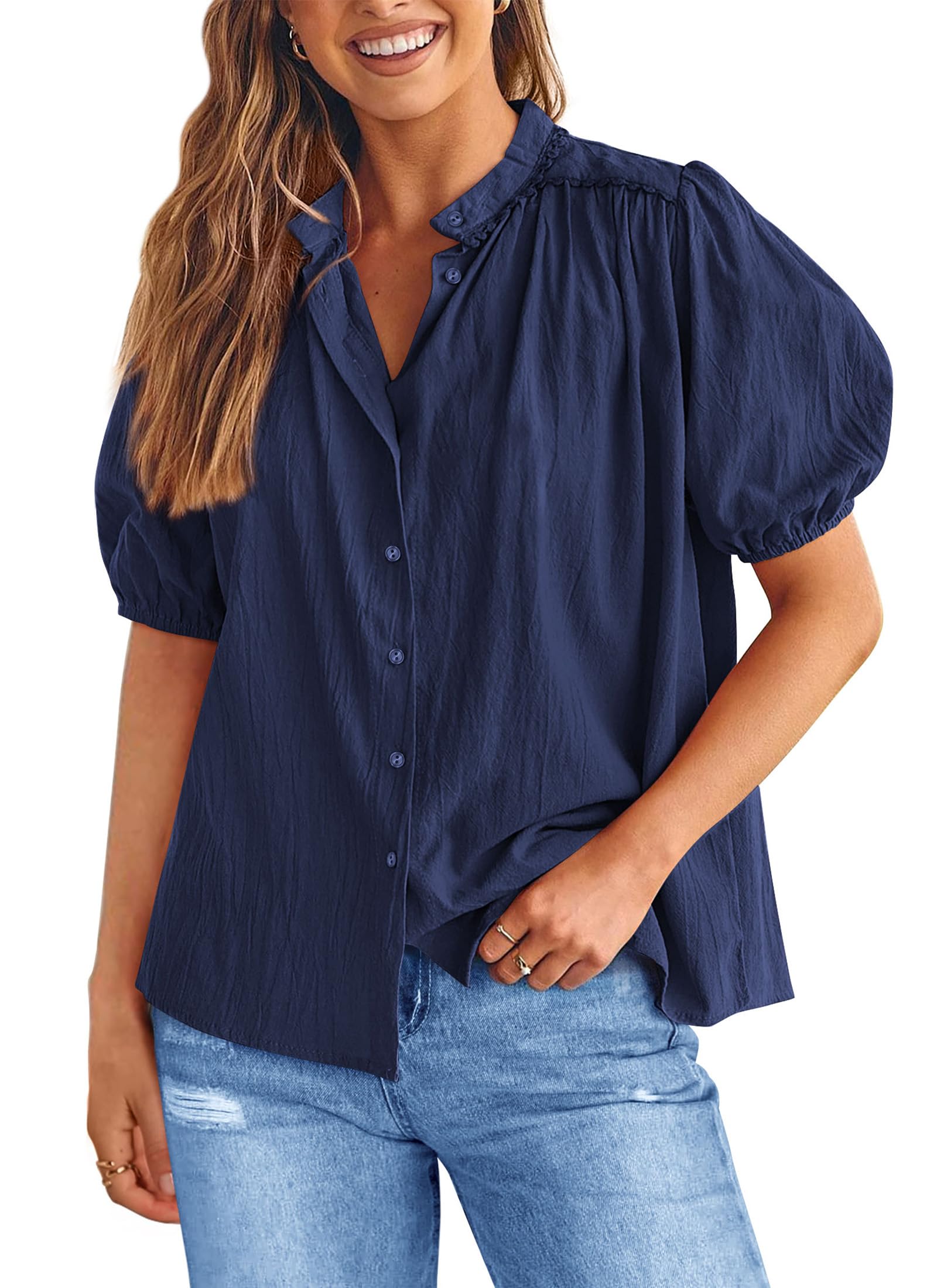PRETTYGARDEN Women's Summer Button Down Shirts Short Lantern Sleeve V Neck Cotton Cute Dressy Casual Ladies Tops Blouses