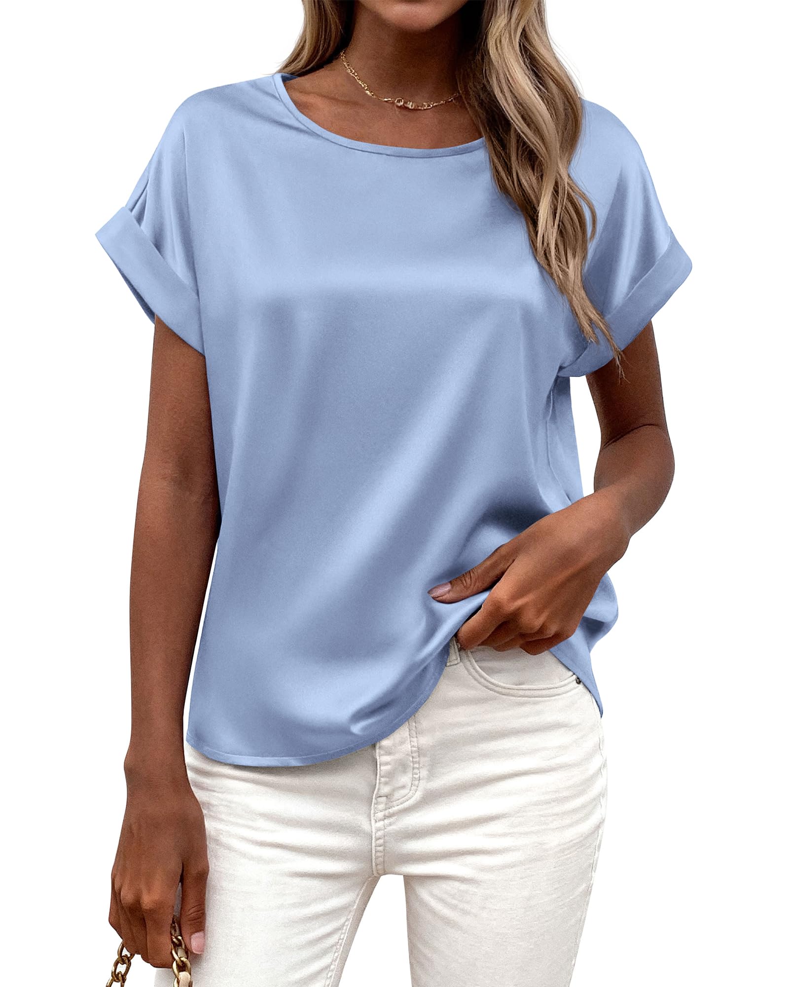 FreshPretty Womens Summer Tops Satin Silk Crewneck Short Sleeve Shirts Work Business Outfits Spring Blouses Dressy Casual
