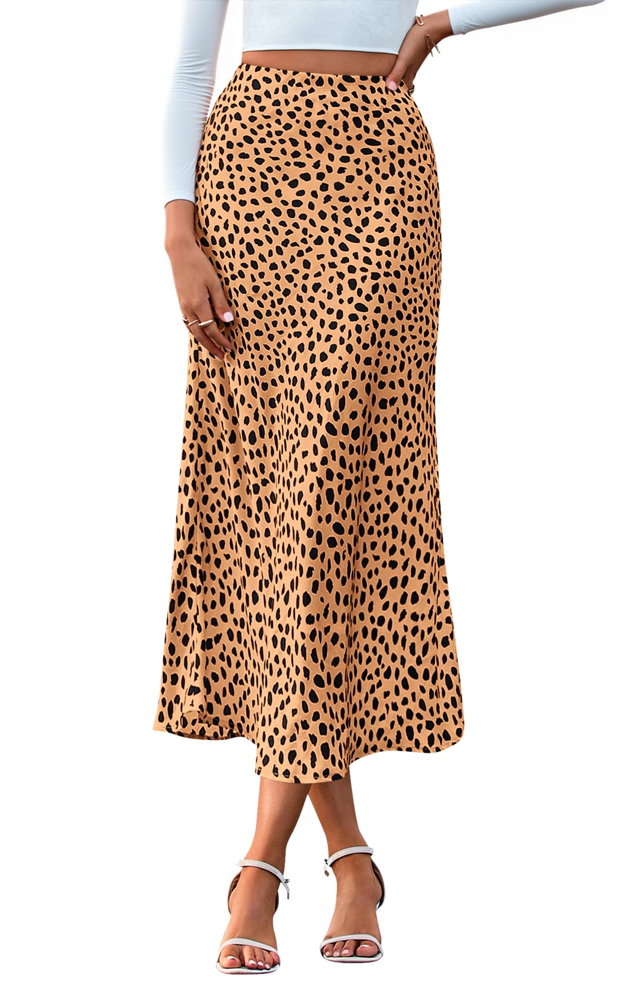 FreshPretty Satin Skirts for Women Trendy Spring Summer High Waisted Leopard Print Cocktail Wedding Long Silk Midi Skirt