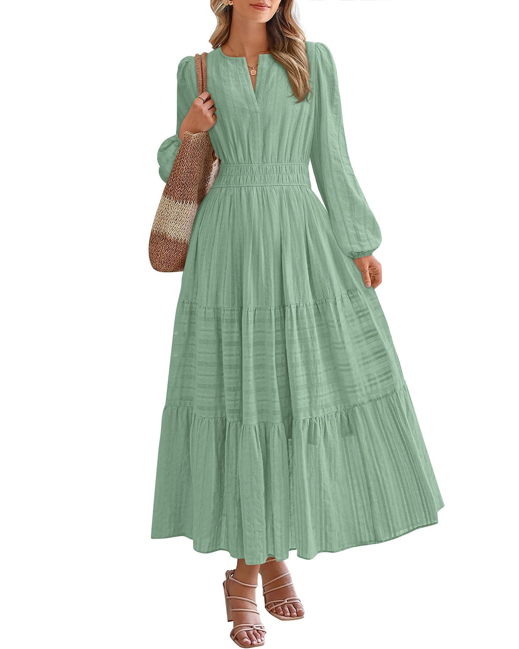 BTFBM Spring Dresses for Women 2026 Casual Long Sleeve V Neck Elastic Waist Lightweight Maxi Wedding Guest Dress Pockets