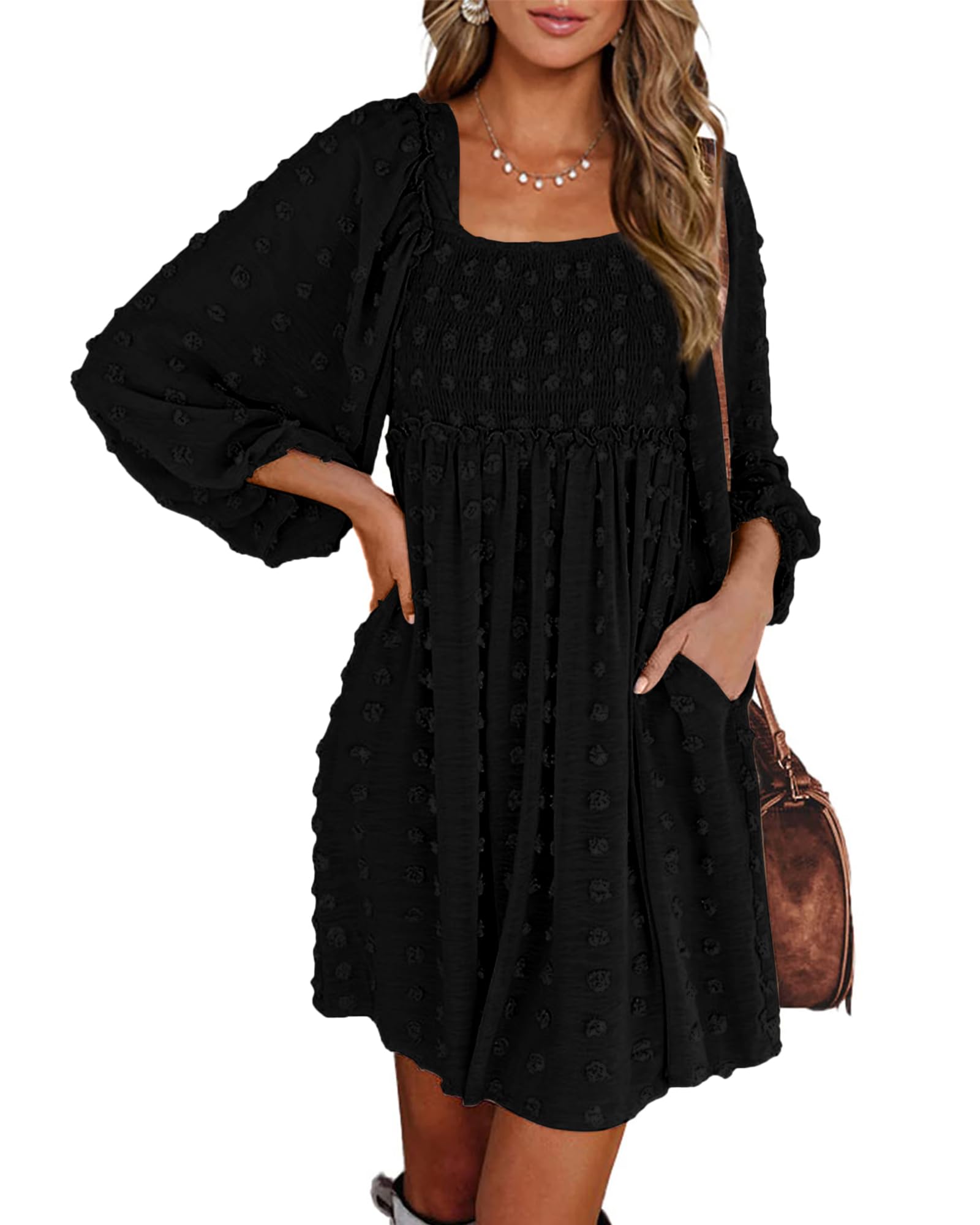 BTFBM Womens Long Sleeve Dress Summer Vacation Square Neck Smocked Floral Mini Boho Spring Wedding Guest Dresses