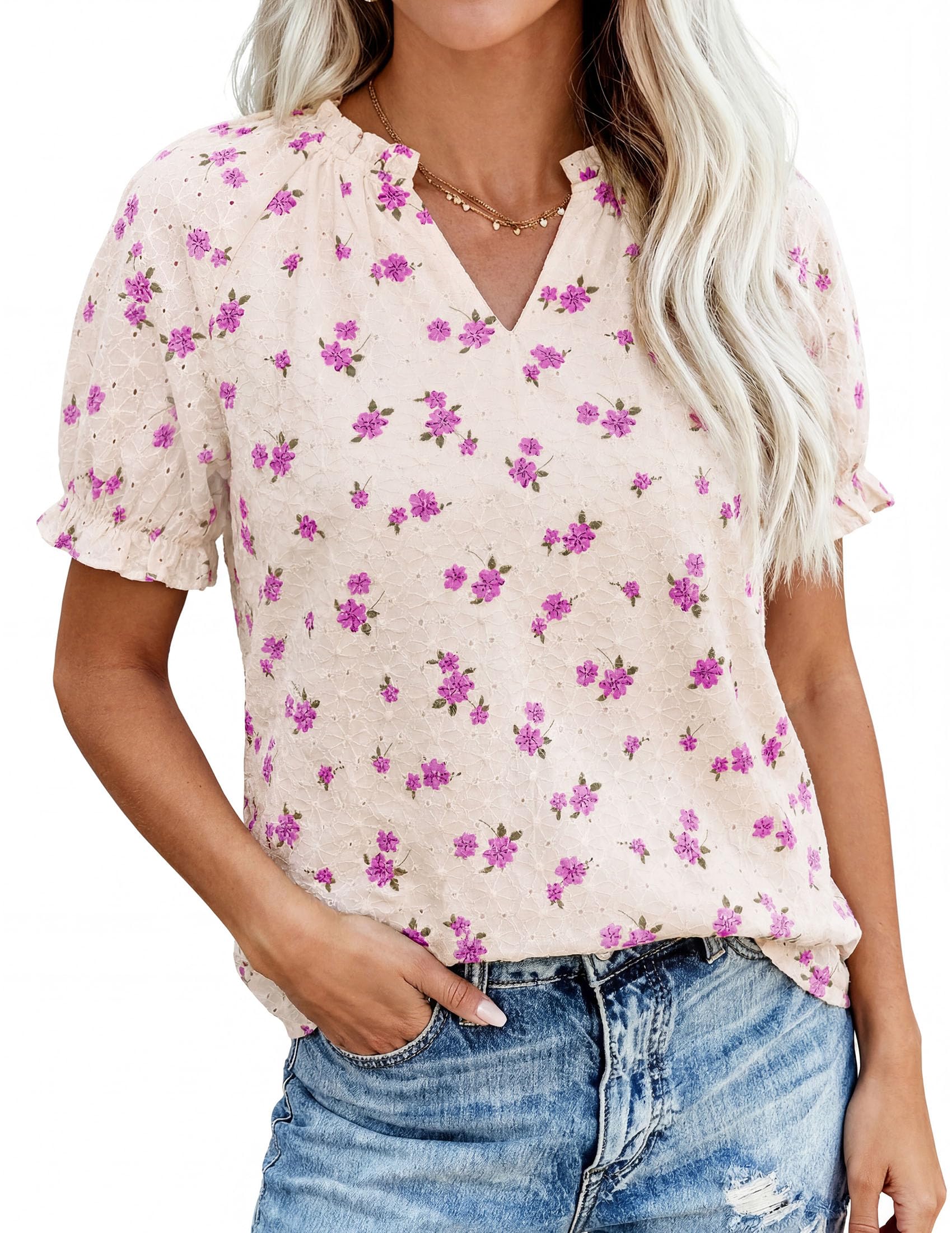 PRETTYGARDEN Summer Short Sleeve V Neck Shirts for Women Trendy Floral Print Loose Ruffle Tops Business Casual Blouses