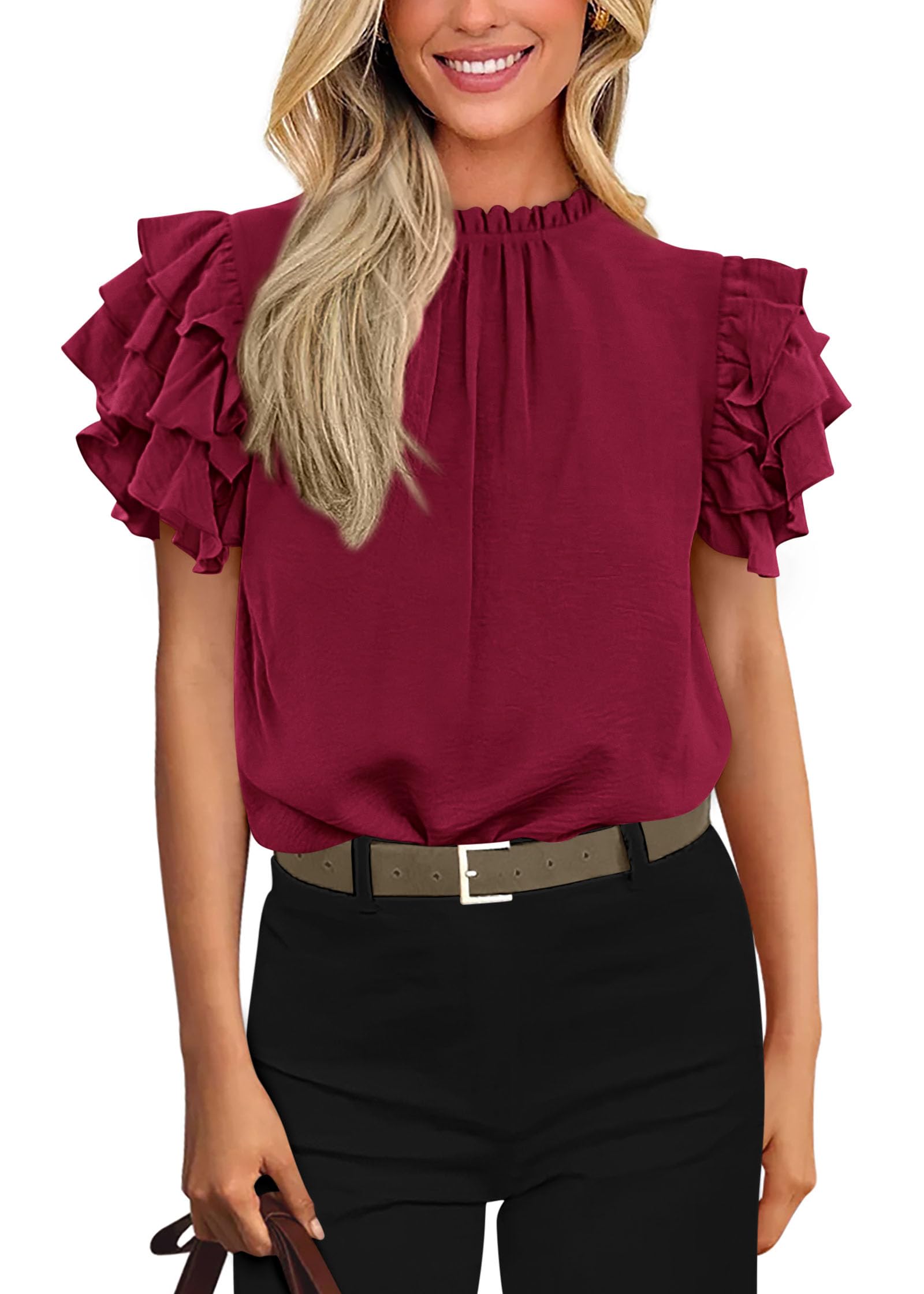 FreshPretty Blouses for Women Dressy Casual Spring Summer Ruffle Short Sleeve Mock Neck Work Shirts Tops Fashion Clothing