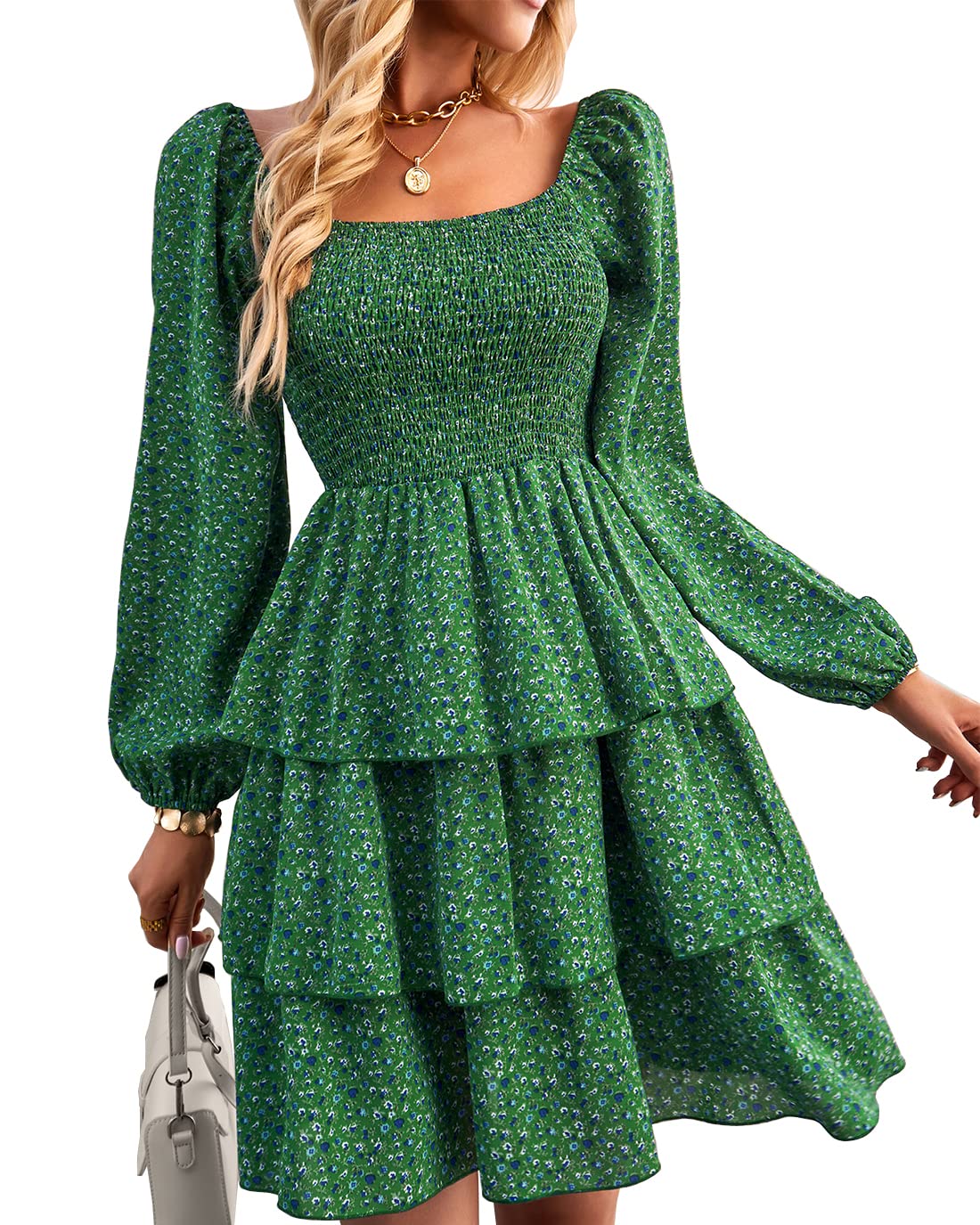 BTFBM Womens Long Sleeve Dress Summer Vacation Square Neck Smocked Floral Mini Boho Spring Wedding Guest Dresses