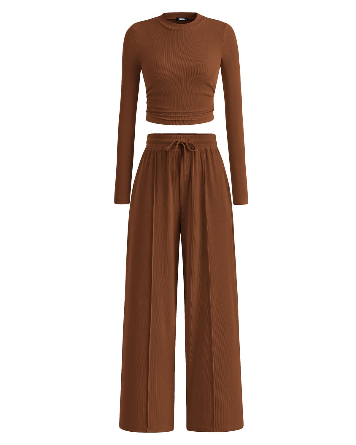 BTFBM Casual 2 Piece Sets For Women Fall Outfits Ribbed Spring Long Sleeve Crop Top Wide Leg Pants Matching Lounge Set