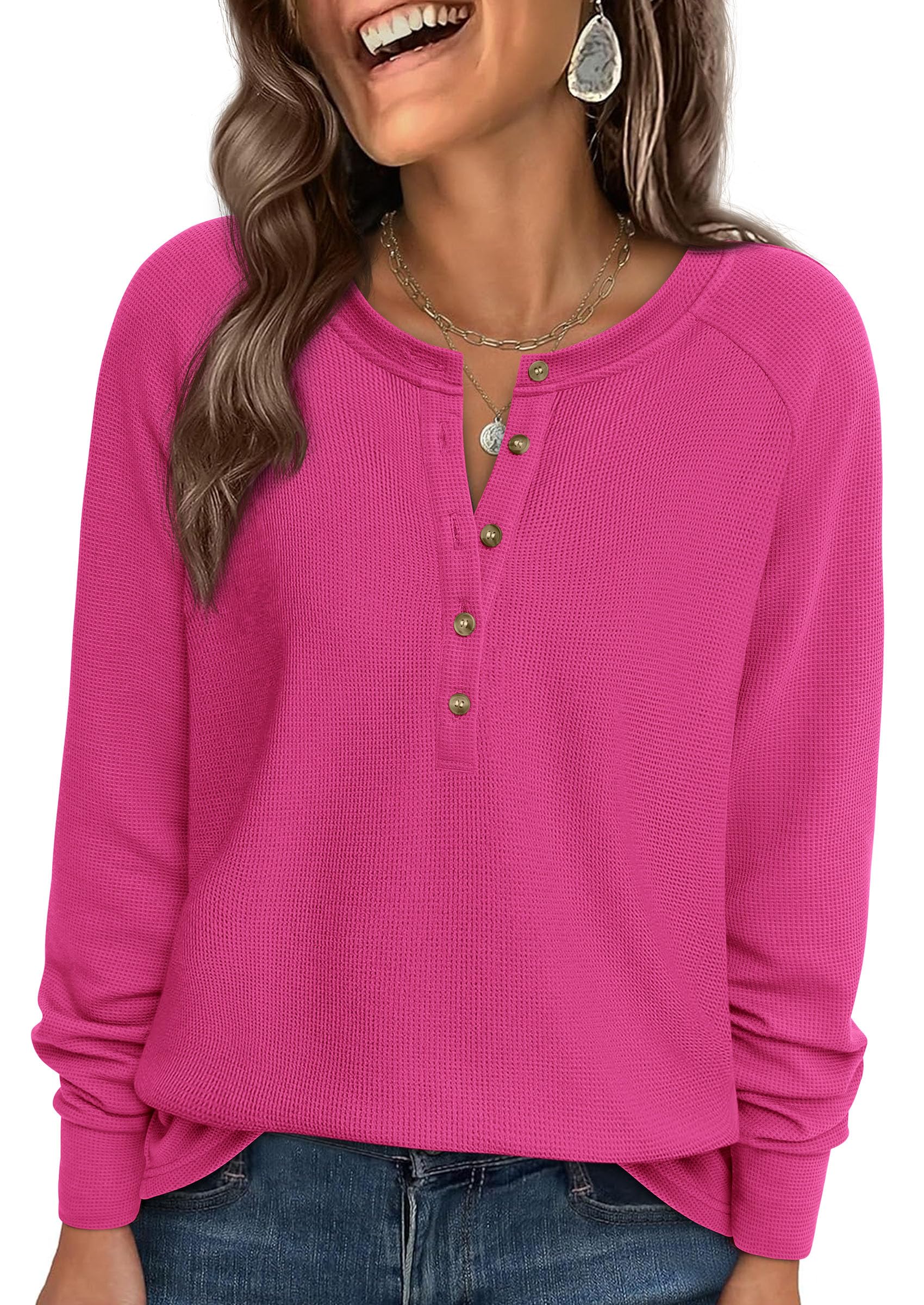 PRETTYGARDEN Women's Long Sleeve Waffle Knit Shirts Fall Casual Button Up Henley V Neck Tunic Tops Loose Fit Basic Tees