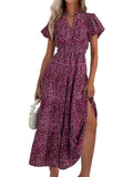 PRETTYGARDEN Summer Maxi Dresses for Women  Casual V Neck Puff Short Sleeve Smocked Flowy Beach Boho Long Floral Dress