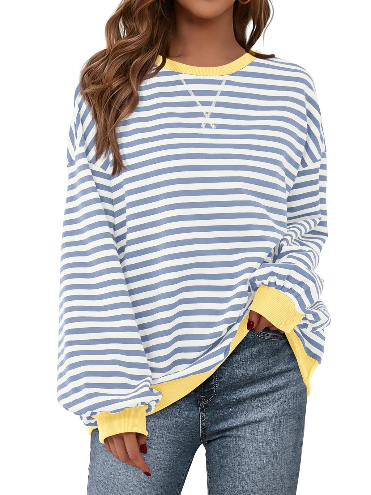 PRETTYGARDEN Womens Striped Oversized Sweatshirt Color Block Crew Neck Long Sleeve Casual Loose Pullover Top Y2K Clothes
