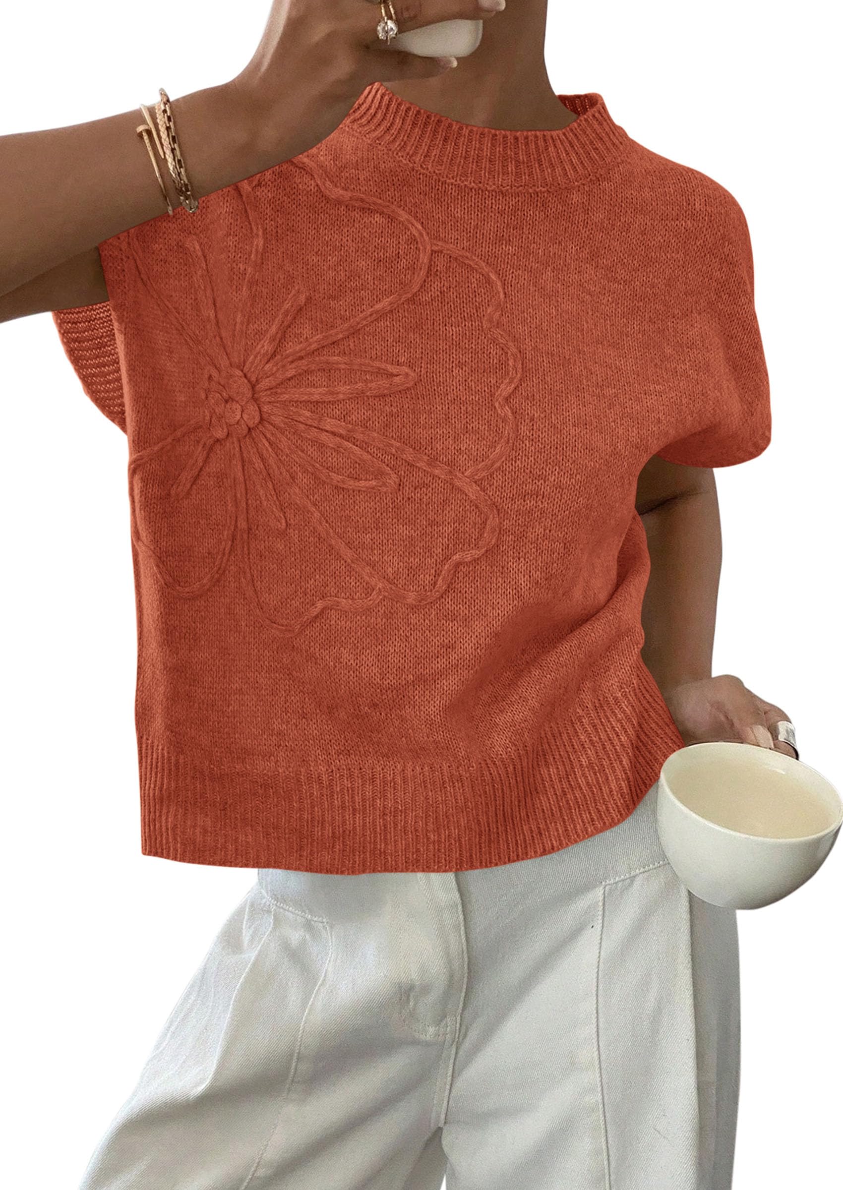 PRETTYGARDEN Women's Spring Sweater Vest Trendy Flower Knit Short Sleeve Cute Pullover Tank Tops Summer Fashion Clothing