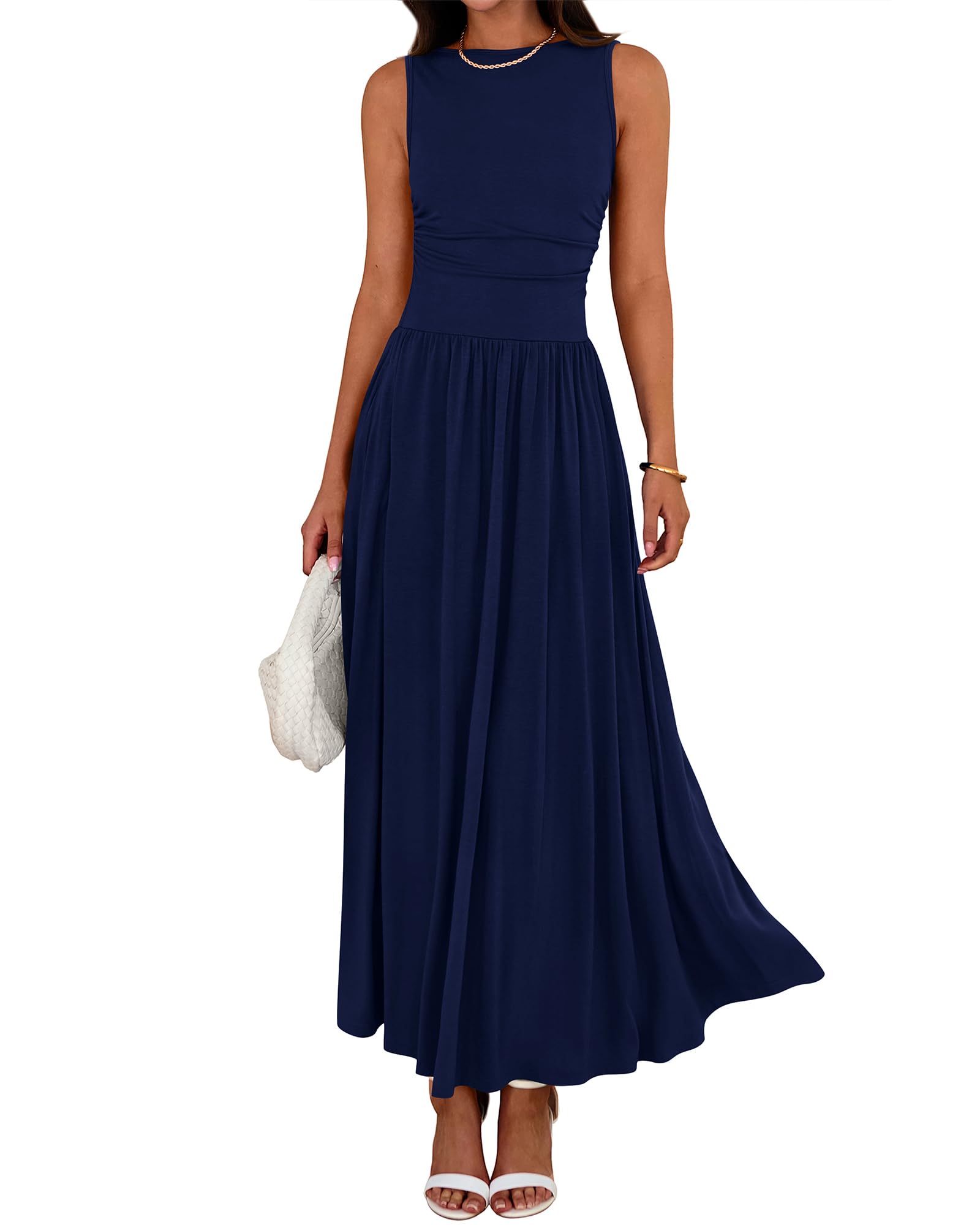 BTFBM Summer Maxi Dresses for Women Spring Sleeveless Casual Ruched High Waisted Long Sundress Flowy Beach Dress
