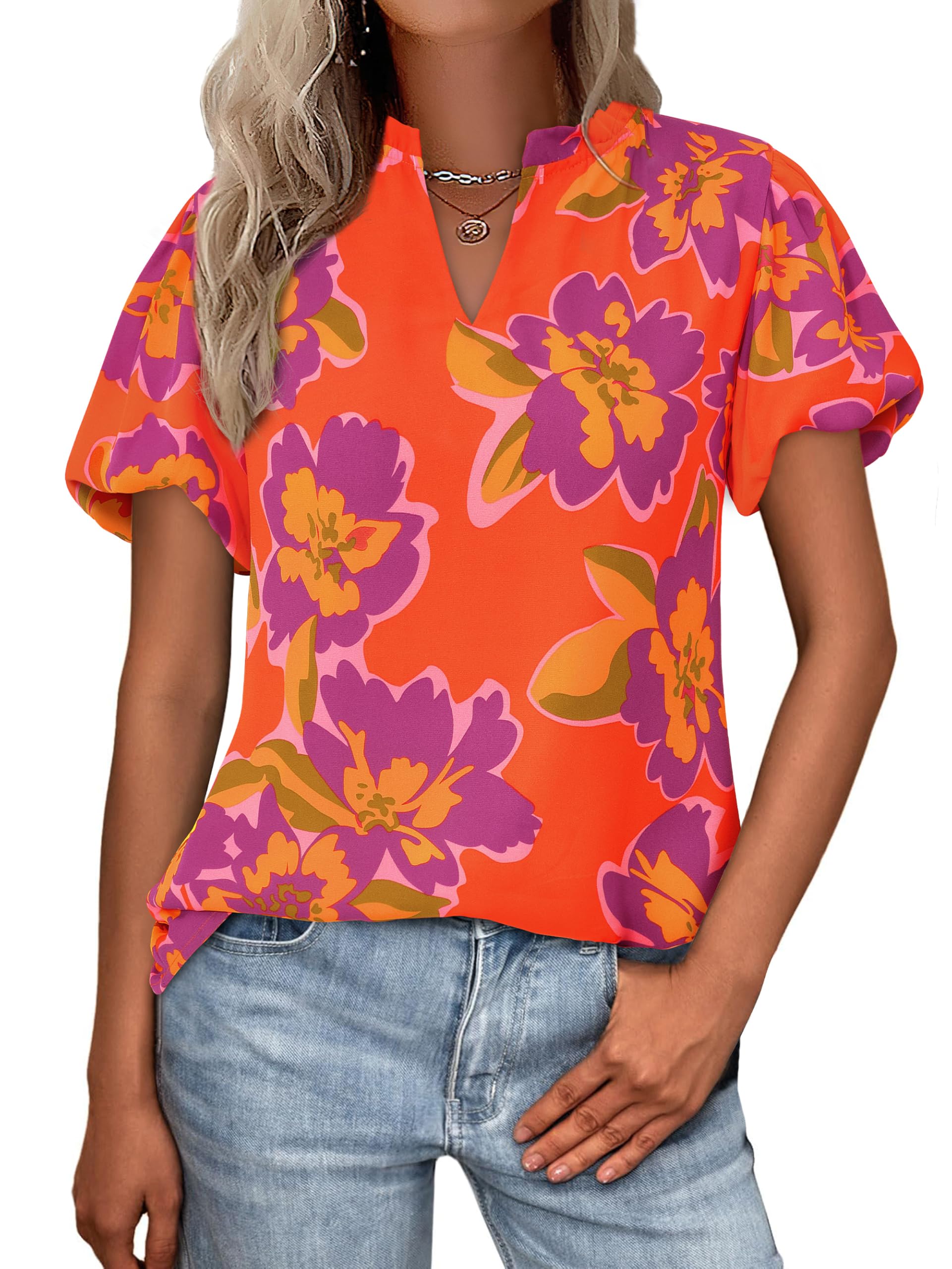 PRETTYGARDEN Boho Short Sleeve Floral Work Blouses for Women Dressy Casual V Neck Puff Sleeve Loose Chiffon Flowy Tops Shirts