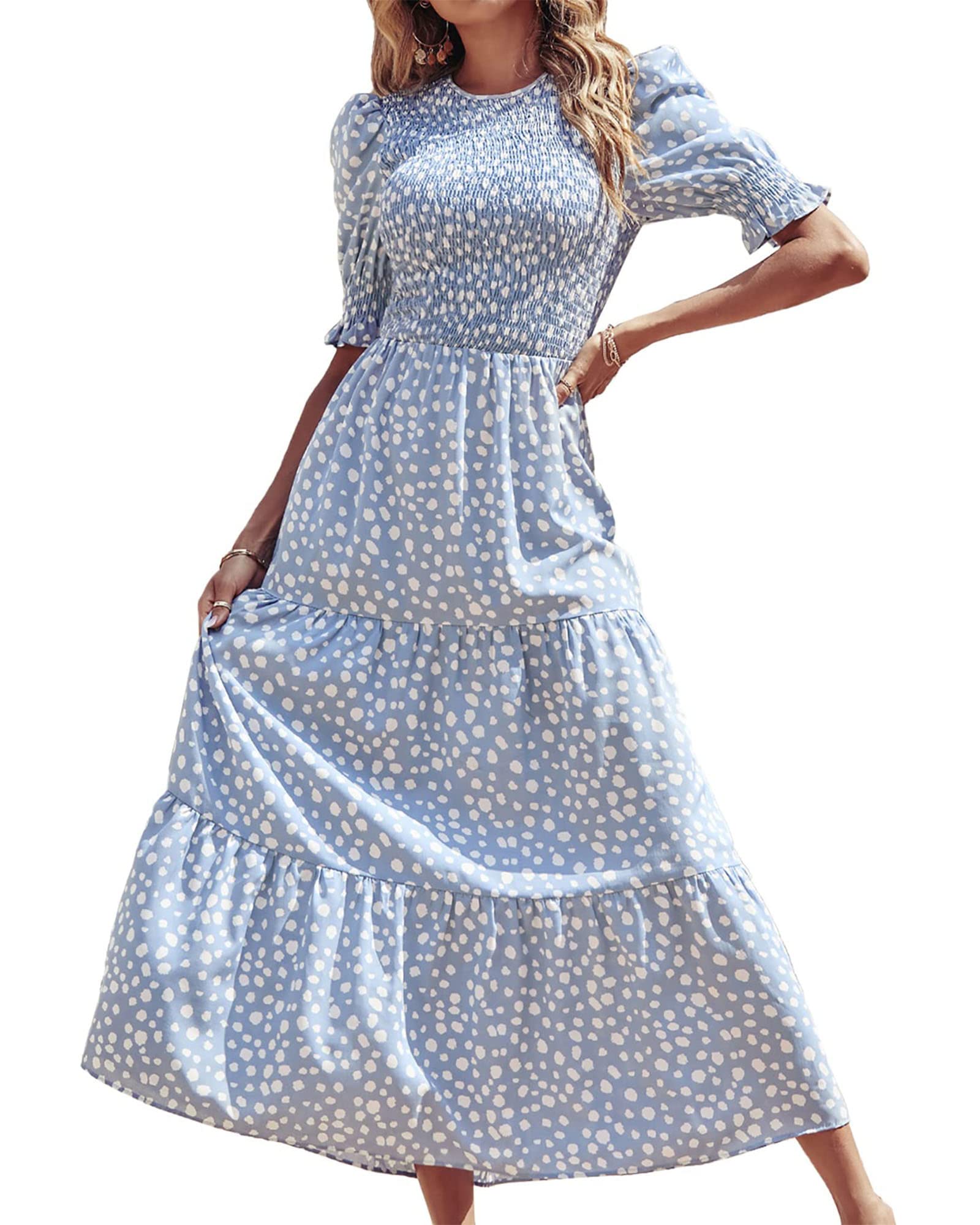 FreshPretty Women Casual Summer Dresses Spring Crew Neck Ruffle Short Sleeve Floral Print Smocked Boho Flowy Maxi Dress