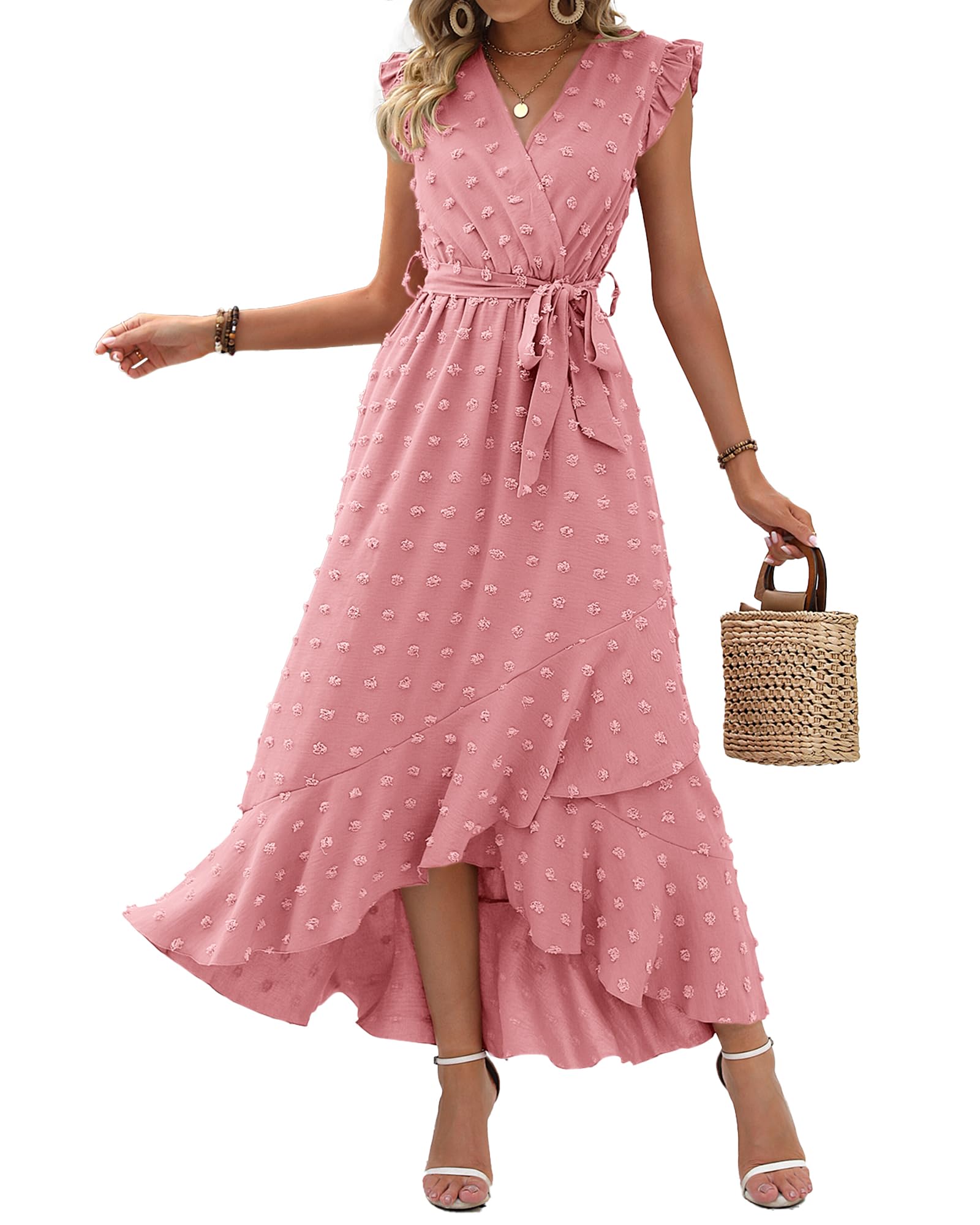 BTFBM Boho Dresses for Women Spring Fashion Cap Sleeve Swiss Dot Flowy Ruffle Beach Wedding Cocktail Maxi Dress