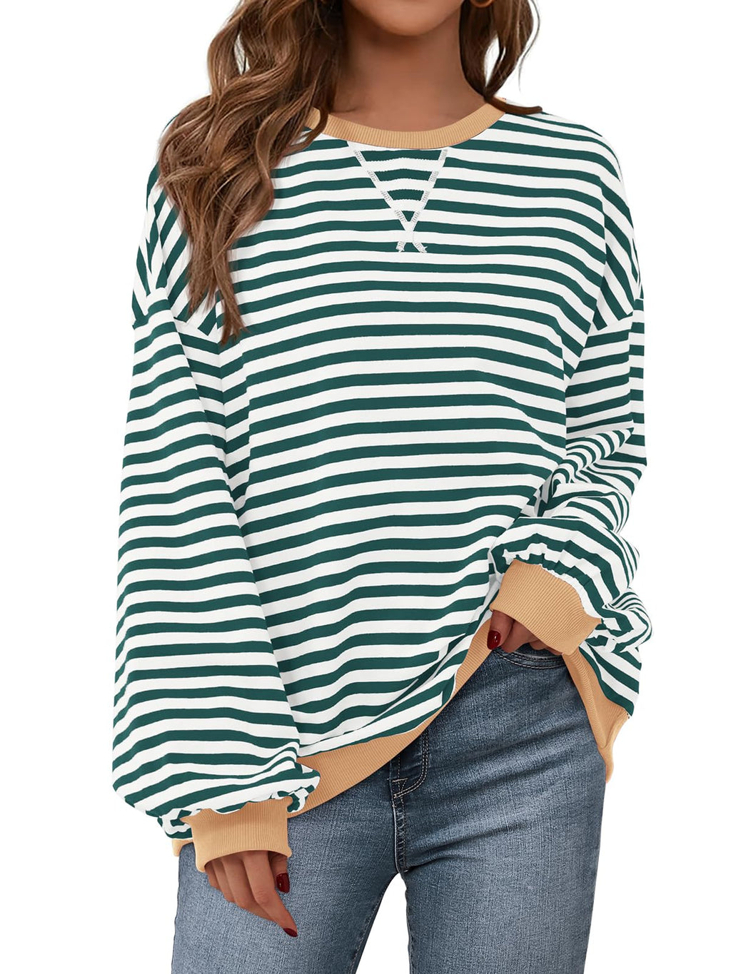 PRETTYGARDEN Womens Striped Oversized Sweatshirt Color Block Crew Neck Long Sleeve Casual Loose Pullover Top Y2K Clothes