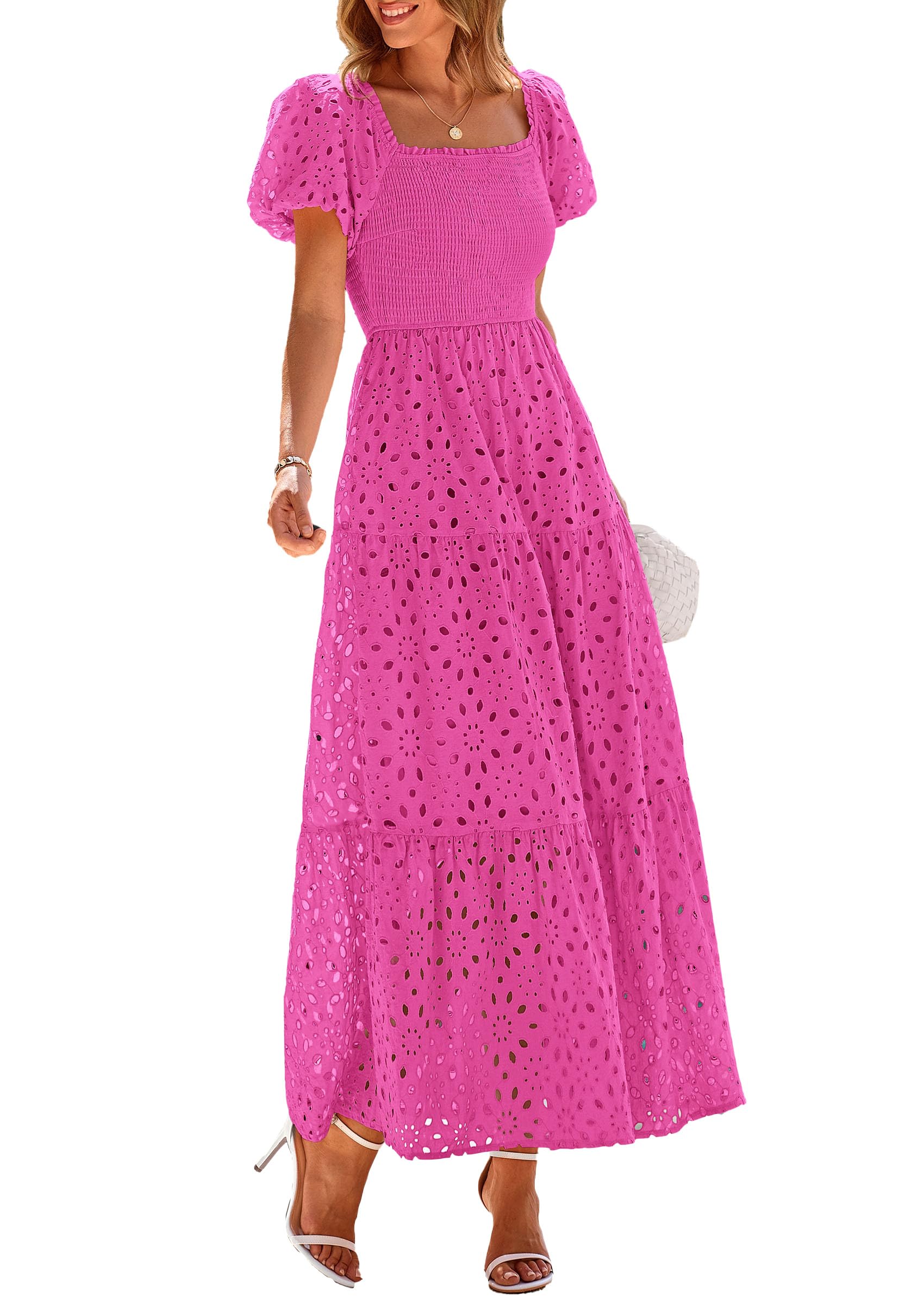 PRETTYGARDEN Summer Dresses for Women Eyelet Square Neck Puff Sleeve Smocked Wedding Guest Maxi Dress with Pockets