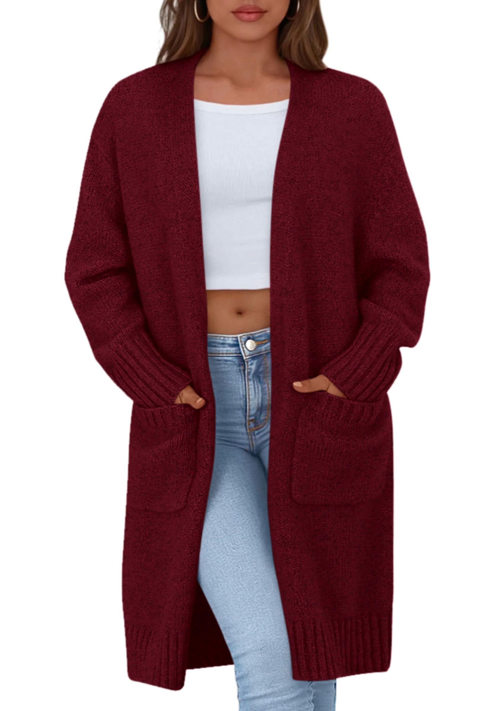 PRETTYGARDEN Fall Long Sleeve Cardigan Sweaters for Women Trendy Winter Open Front Loose Knitted Cardigans with Pockets