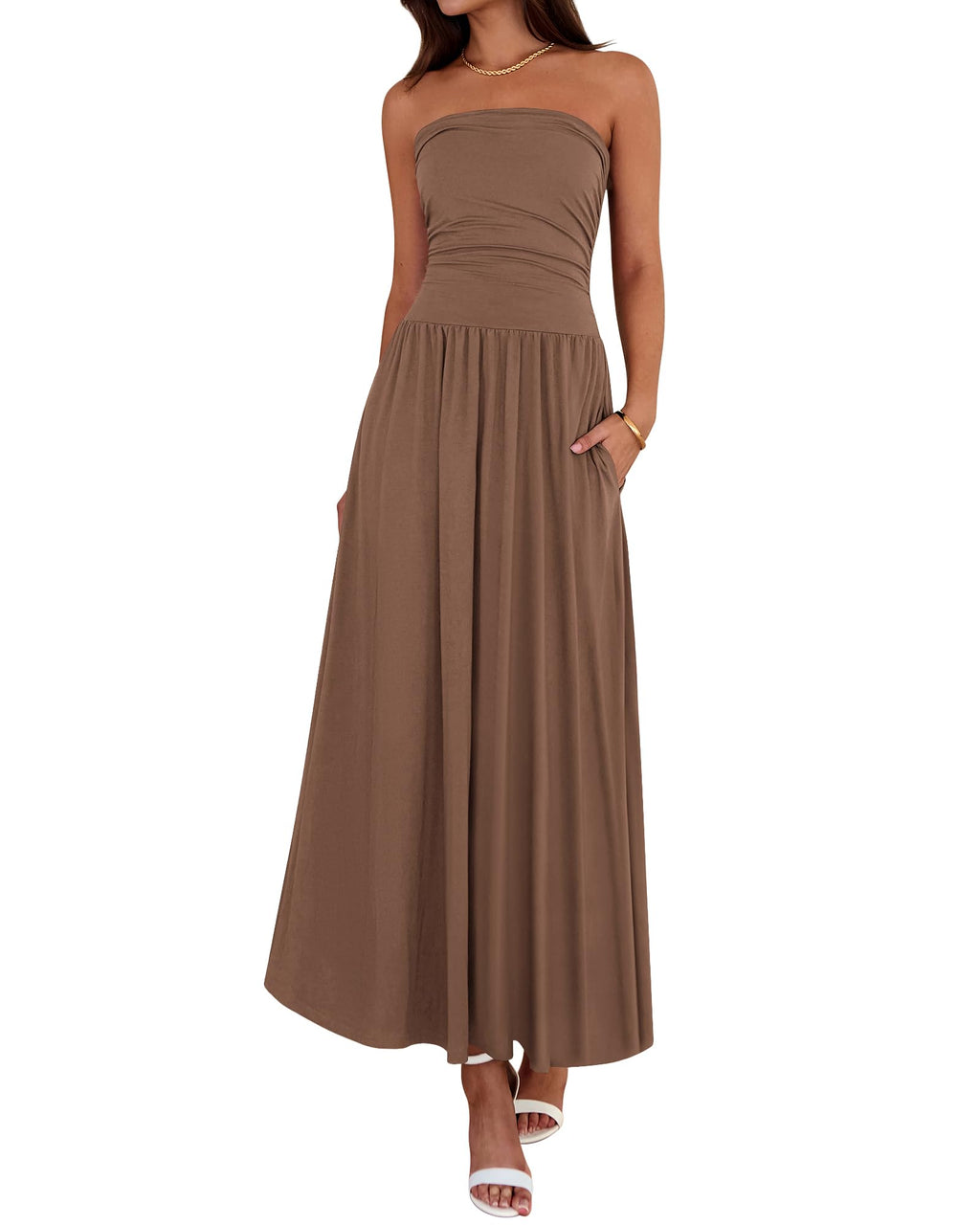 BTFBM Summer Maxi Dresses for Women Strapless Ruched Tube Top Beach Vacation Spring Wedding Guest Dress Pockets
