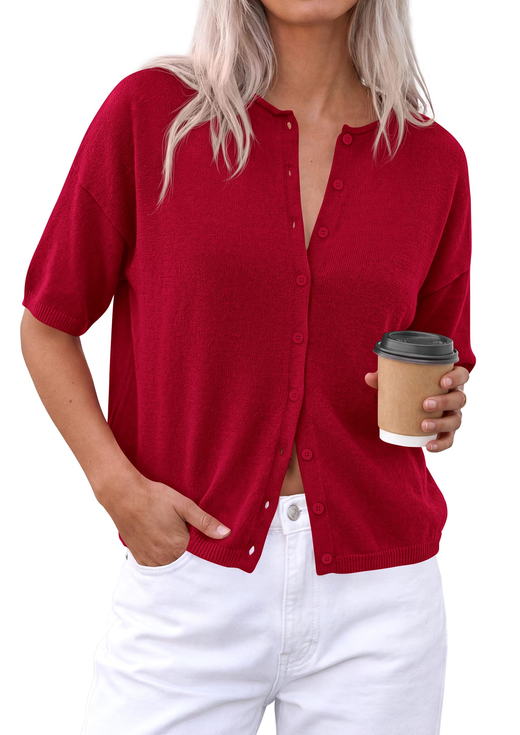 PRETTYGARDEN Women Spring Short Sleeve Cardigan Sweaters Button Down Knit Shirt Blouse Dressy Casual Tops Summer Outfits