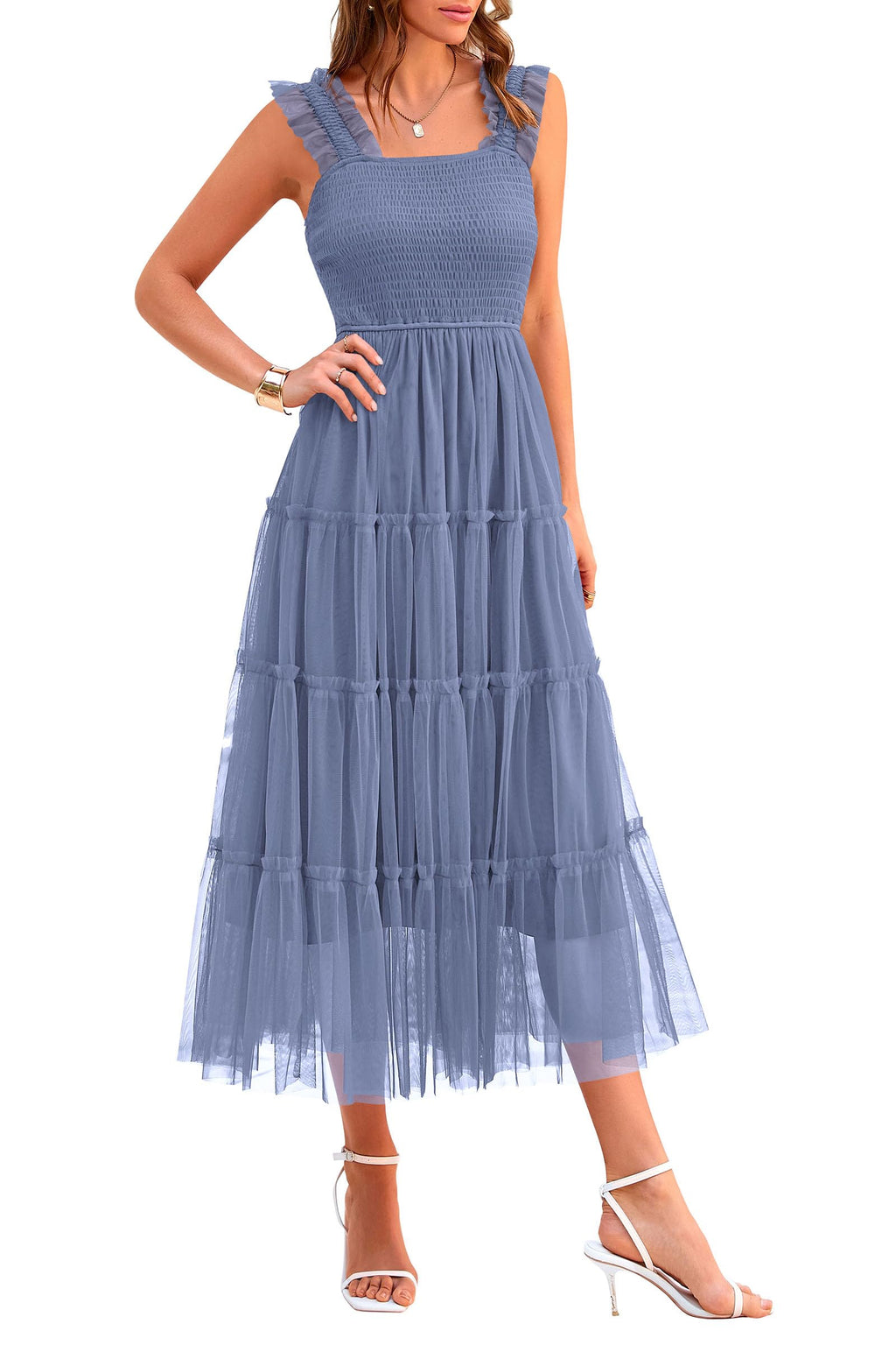 PRETTYGARDEN Women's Summer Tulle Midi Dress Sleeveless Smocked Ruffle Flowy Mesh Dresses Party Wedding Guest Sundress