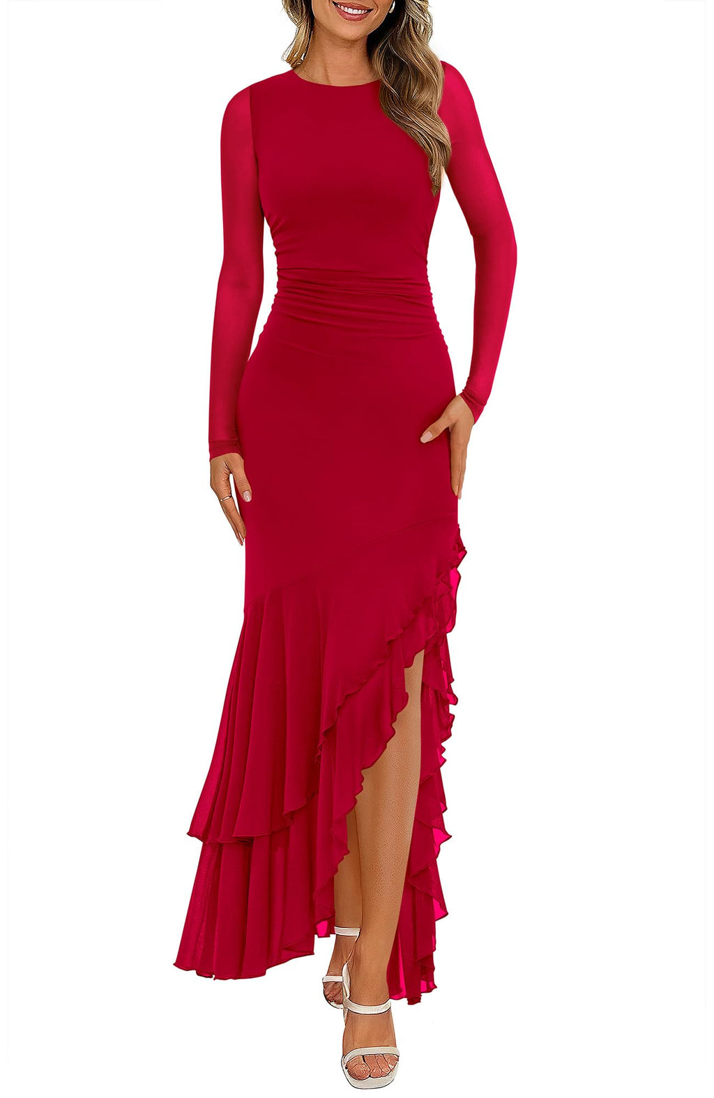 BTFBM Women's Maxi Dresses Fall Long Sleeve Wedding Guest Dress Mesh,Ruched,Bodycon,High Split,Solid Color,Ruffle, Mermaid,Cocktail Dresses,Prom,Party,Homecoming Dress,Fall Outfits