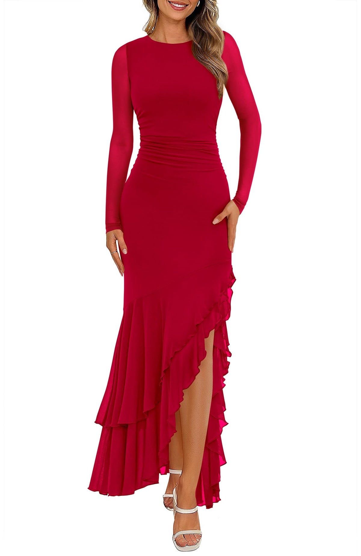 BTFBM Women's Maxi Dresses Fall Long Sleeve Wedding Guest Dress Mesh,Ruched,Bodycon,High Split,Solid Color,Ruffle, Mermaid,Cocktail Dresses,Prom,Party,Homecoming Dress,Fall Outfits