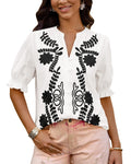 BTFBM Women's Spring Tops Casual Floral Boho V Neck Puff Short Sleeve Button Down Shirts Embroidered Blouses Tunic