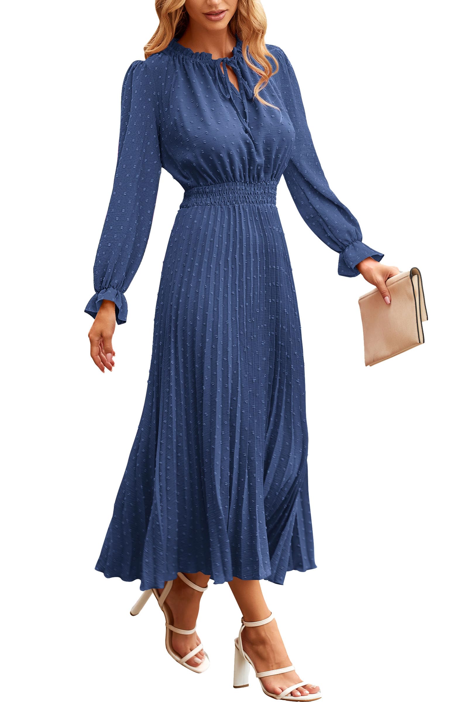 PRETTYGARDEN Women's Spring Fall Midi Dress Casual Long Sleeve V Neck Swiss Dot Pleated A Line Flowy Dresses