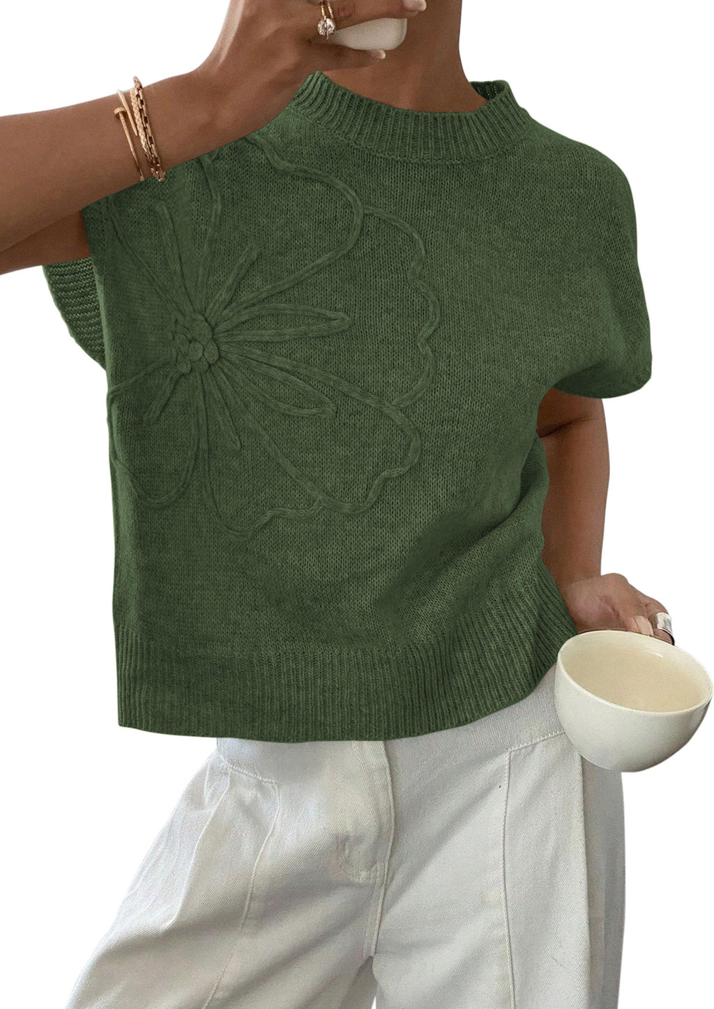 PRETTYGARDEN Women's Spring Sweater Vest Trendy Flower Knit Short Sleeve Cute Pullover Tank Tops Summer Fashion Clothing