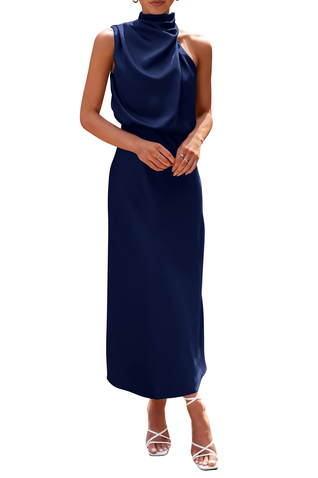 PRETTYGARDEN Women's Summer Satin Dress Elegant Sleeveless Mock Neck Cocktail Party Maxi Dresses